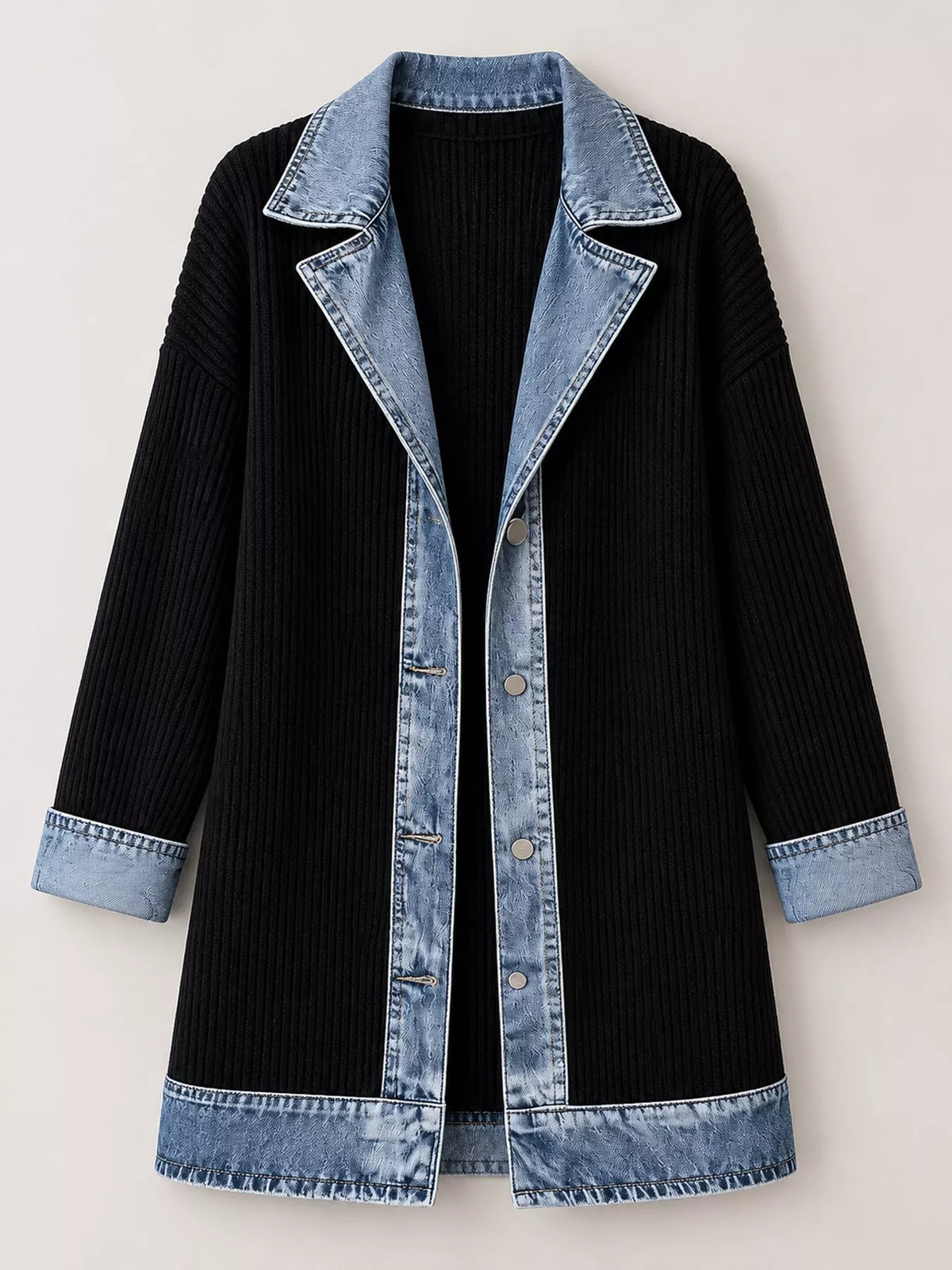 Black denim trim ribbed knit cardigan