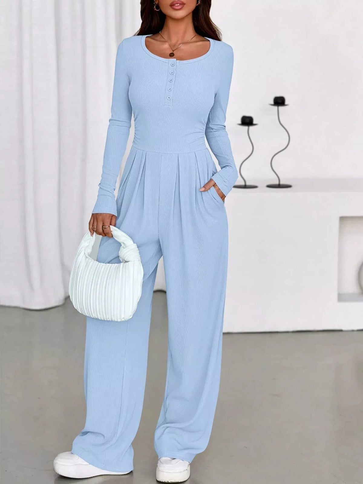 Long Sleeve Ribbed Knit Wide-Leg Jumpsuit — front view