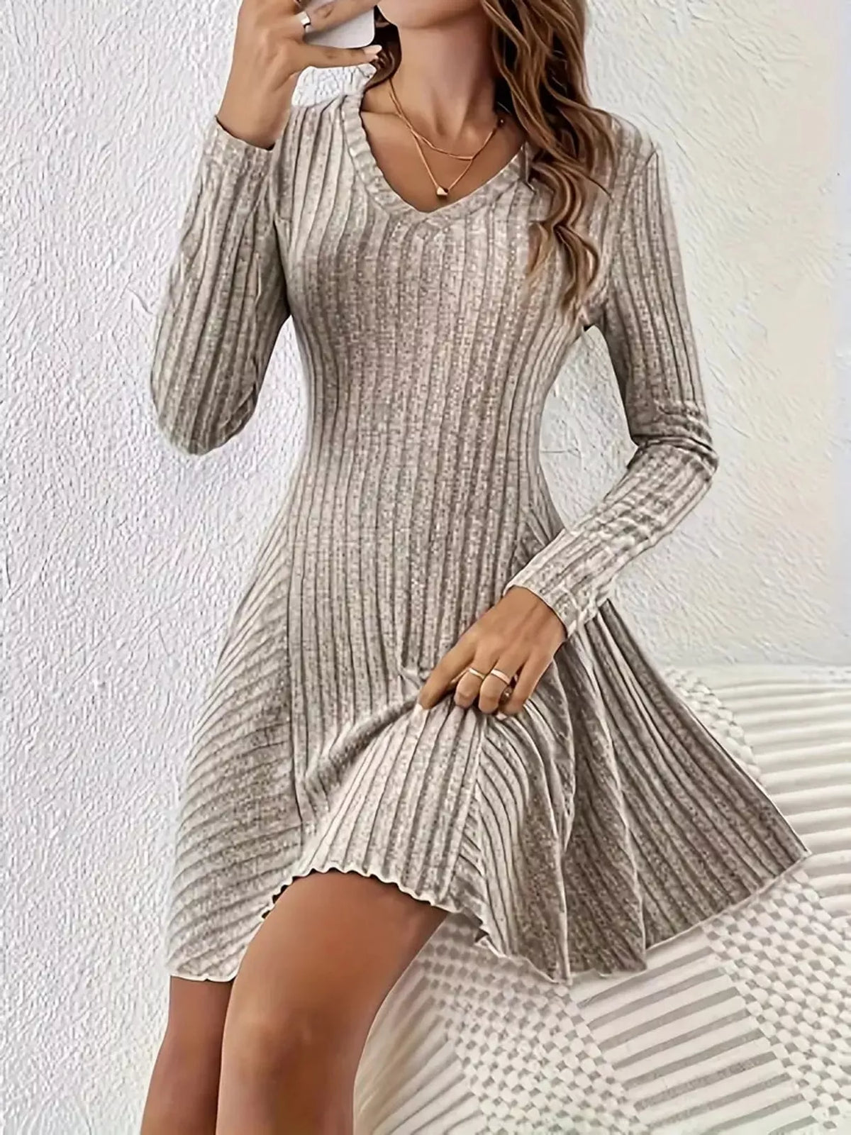 Ribbed mini dress, beige seated front