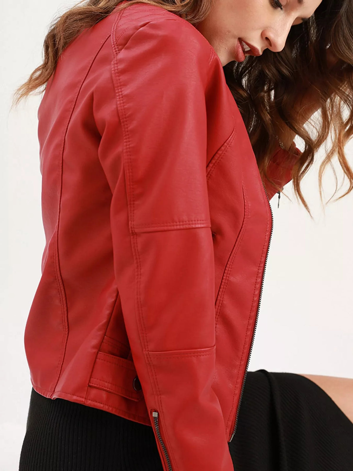 Faux-leather moto jacket, red sleeve side