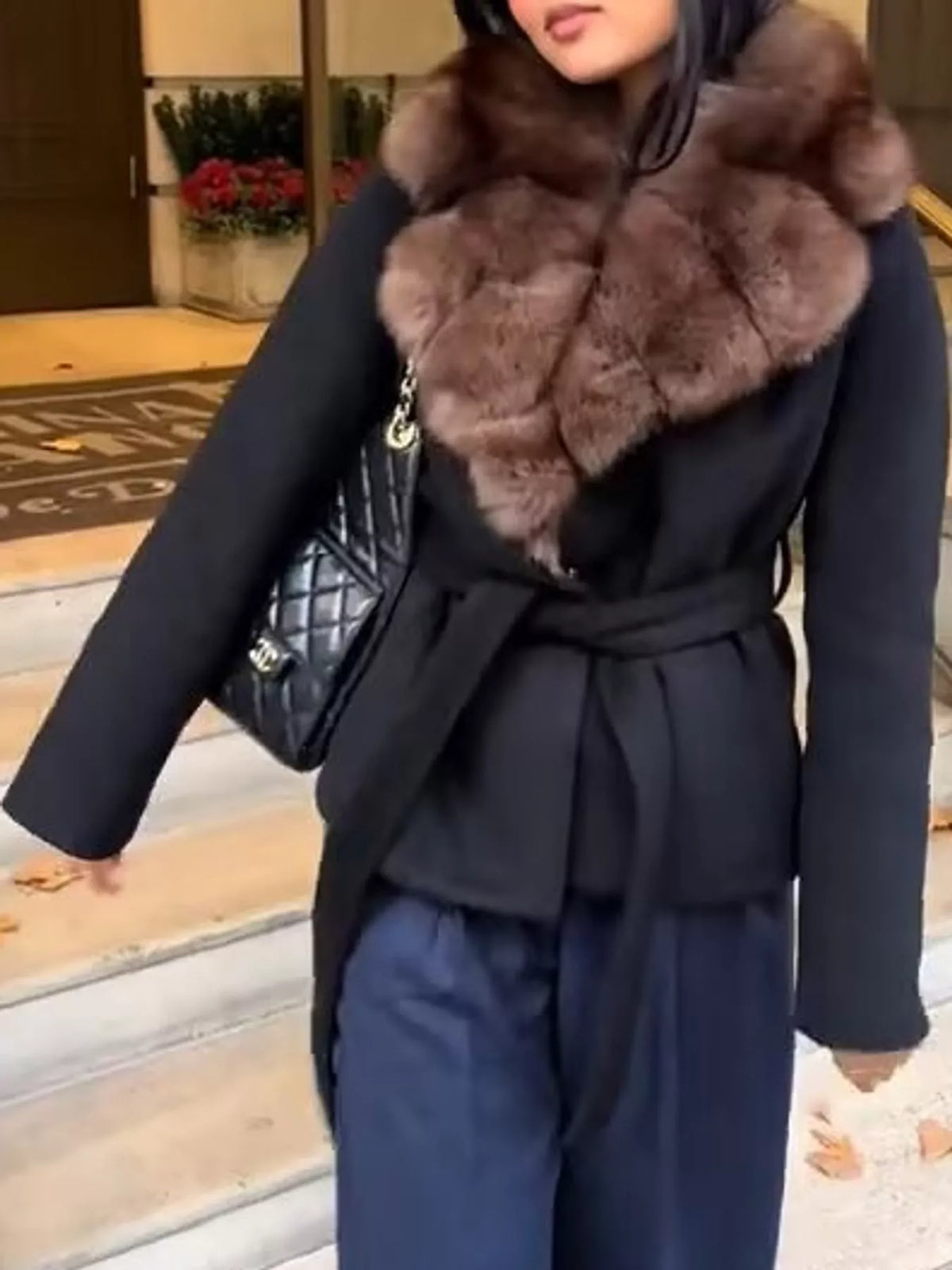 Faux Fur Collar Belted Jacket — front view