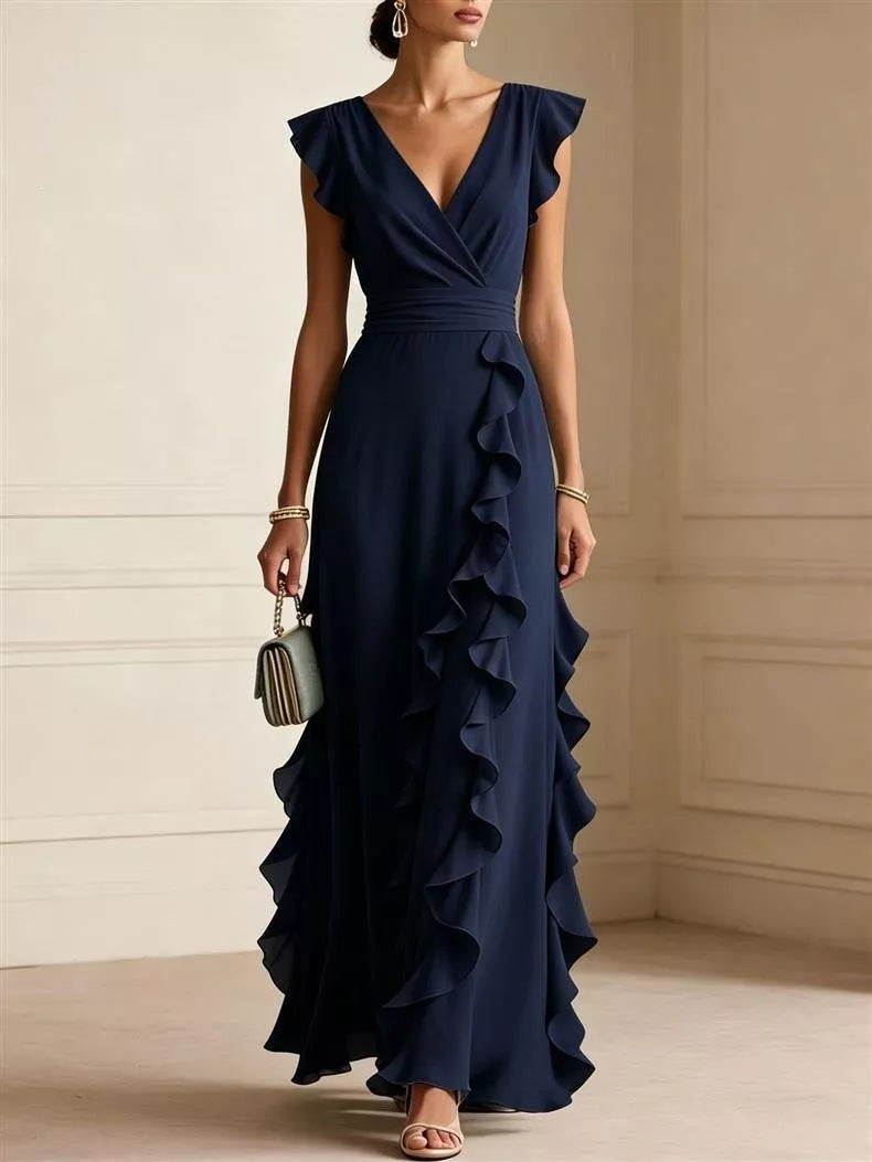 Women's Ruffled Surplice Maxi Dress in Navy Blue, front view