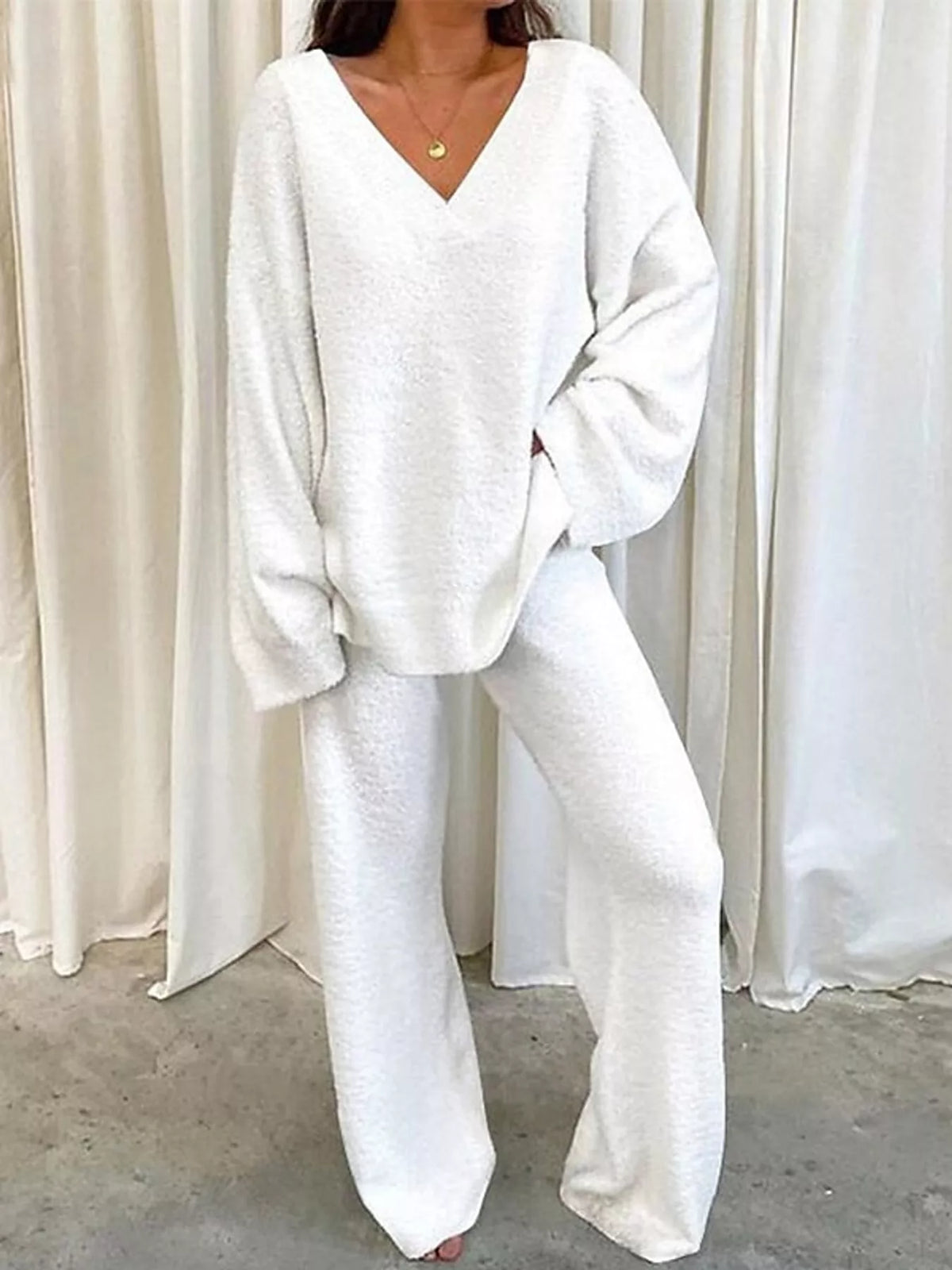 V-Neck Top and Wide Leg Pants Lounge Set in white