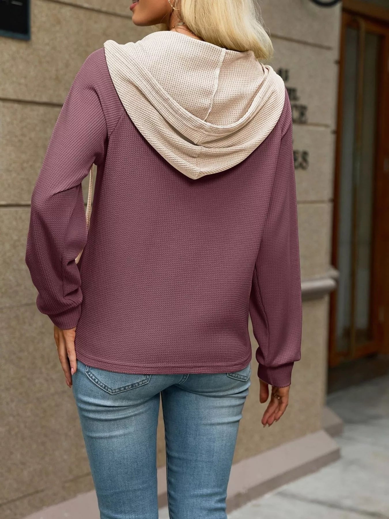Trendsi Waffle Knit Henley Hoodie with Contrast Trim -