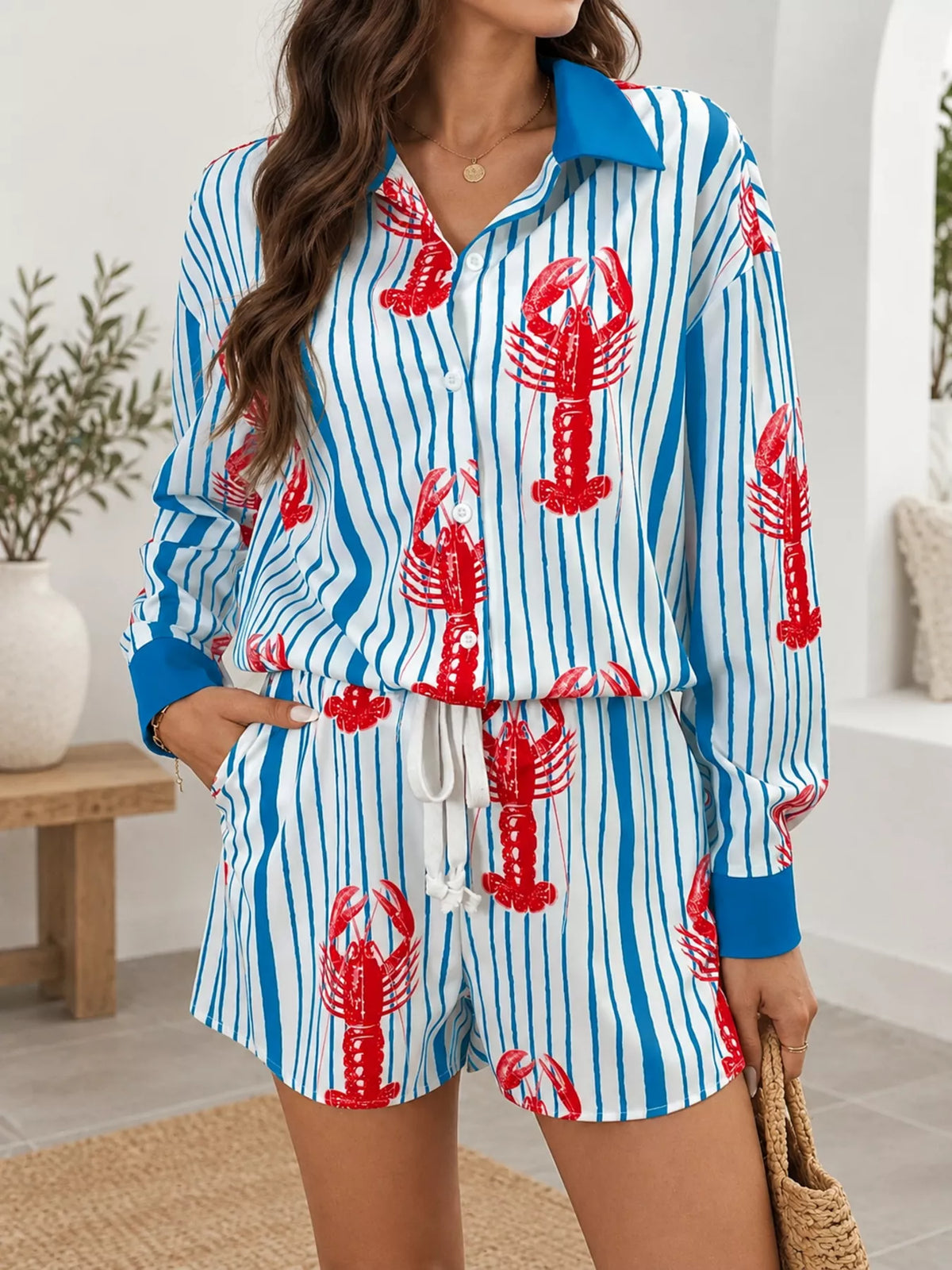 Women's Lobster Print Striped Button-Down Shirt and Shorts Set in blue and white — front view