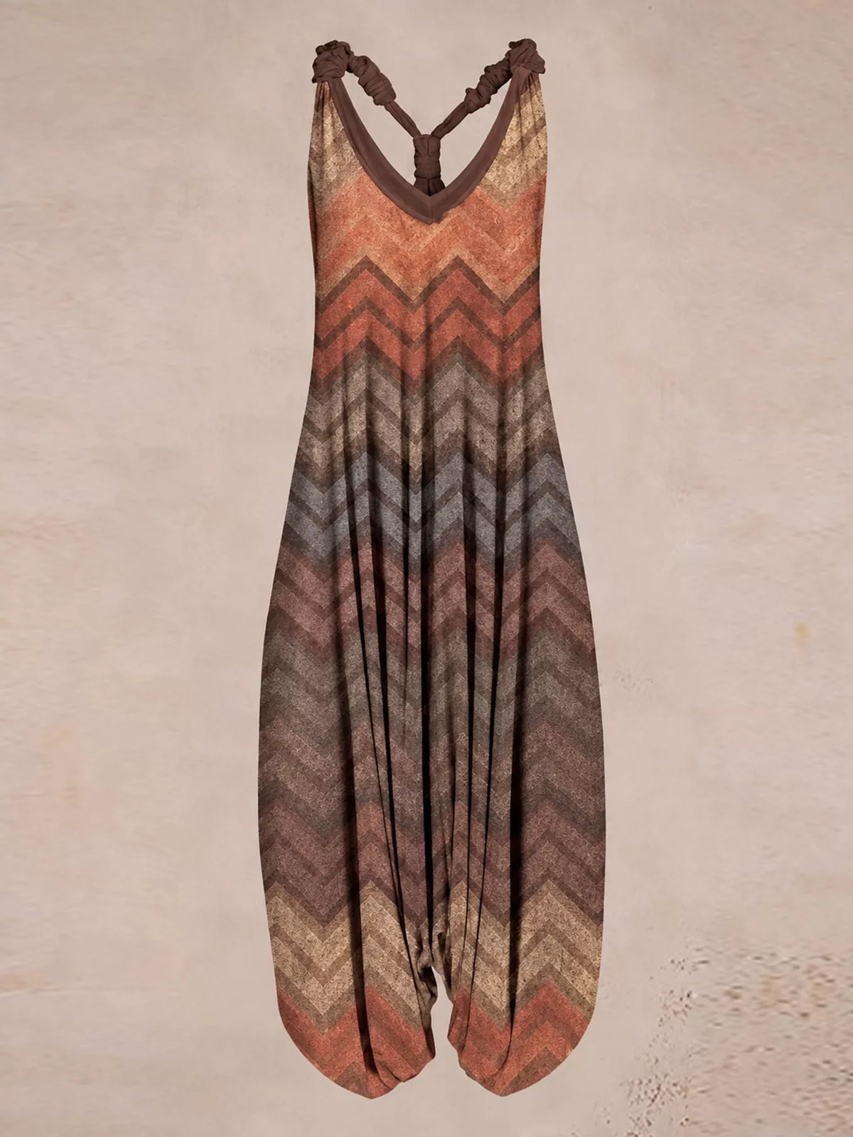 Rust chevron-print V-neck sleeveless jumpsuit