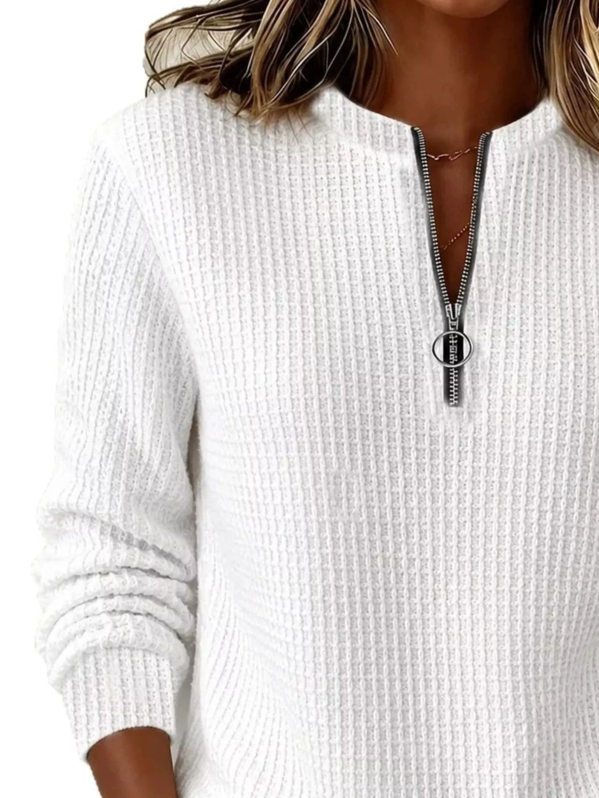 White quarter-zip textured sweatshirt, half-zip neckline and textured fabric
