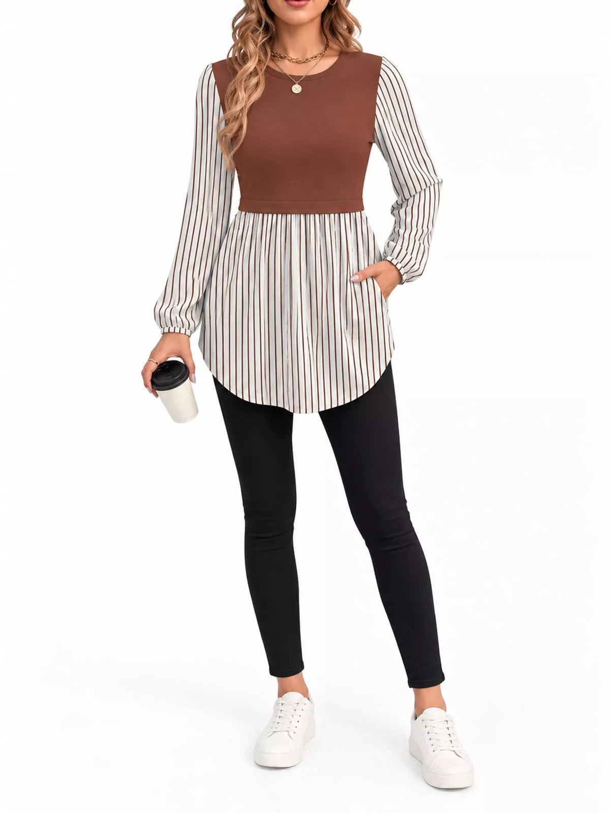 Contrast Panel Long Sleeve Tunic Blouse — front view