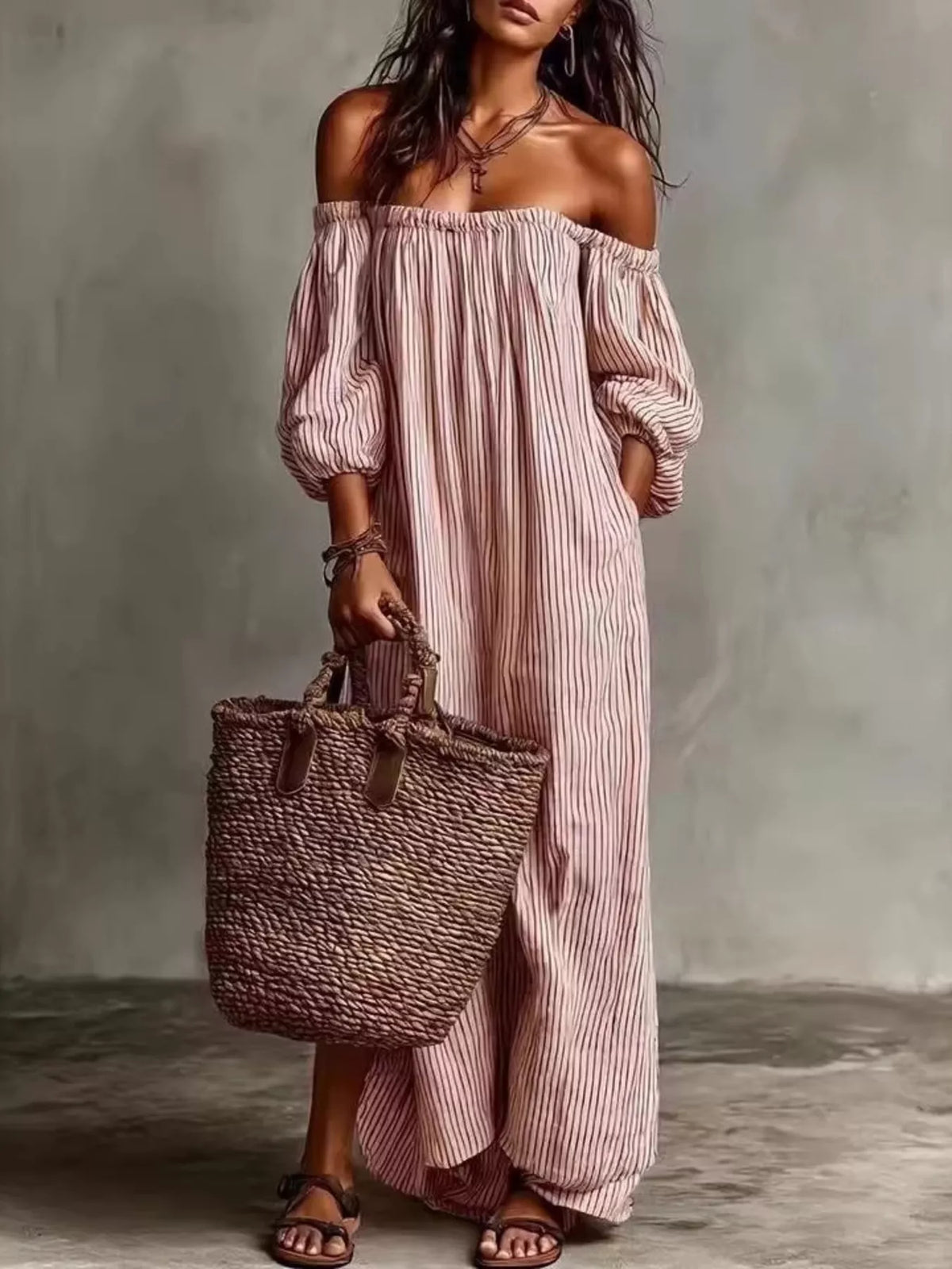 Trendsi Full Size Off-Shoulder Striped Maxi Dress with Puff Sleeves Plus Size -