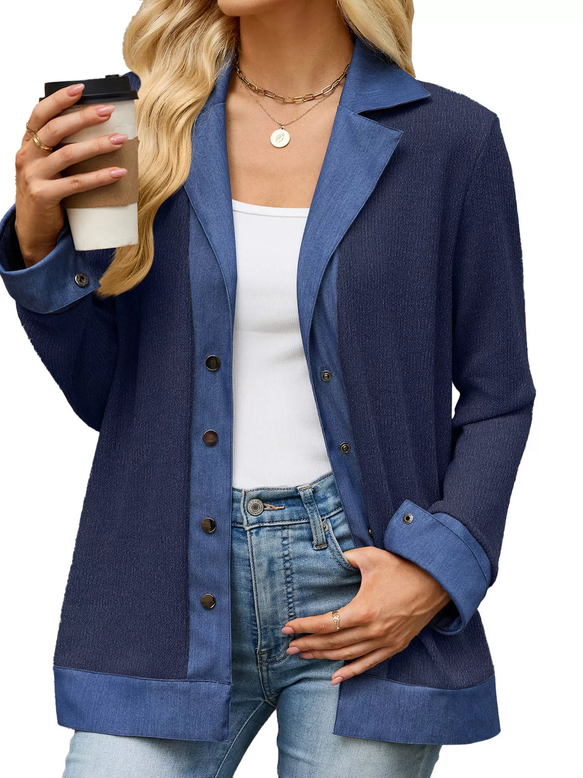 Trendsi Contrast Denim Lapel Collar Outerwear -