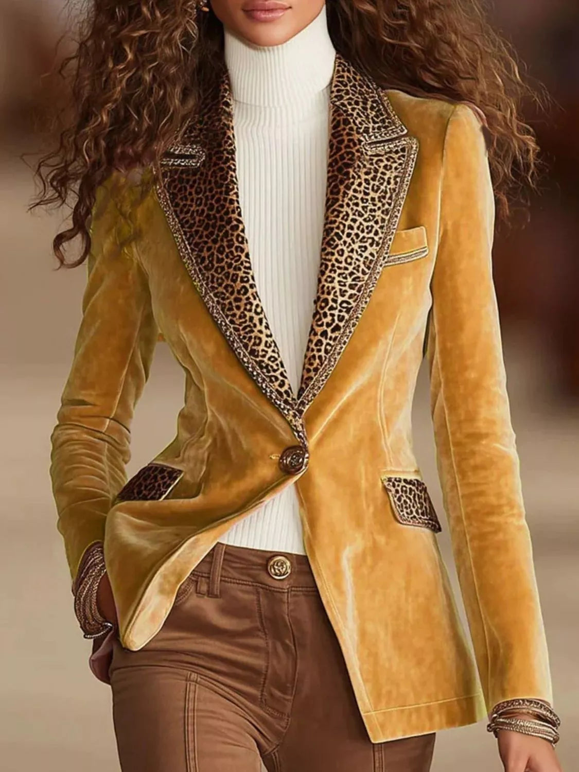 Yellow Leopard Collar One Button Blazer front view