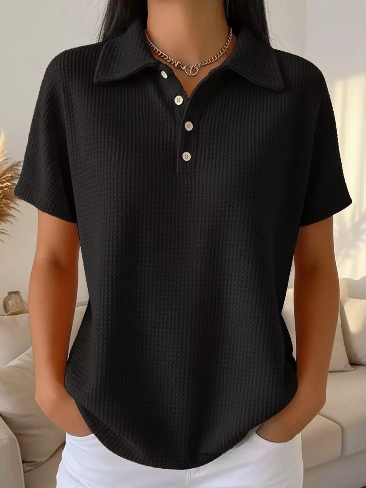 Waffle Knit Quarter-Button Polo T-Shirt — front view