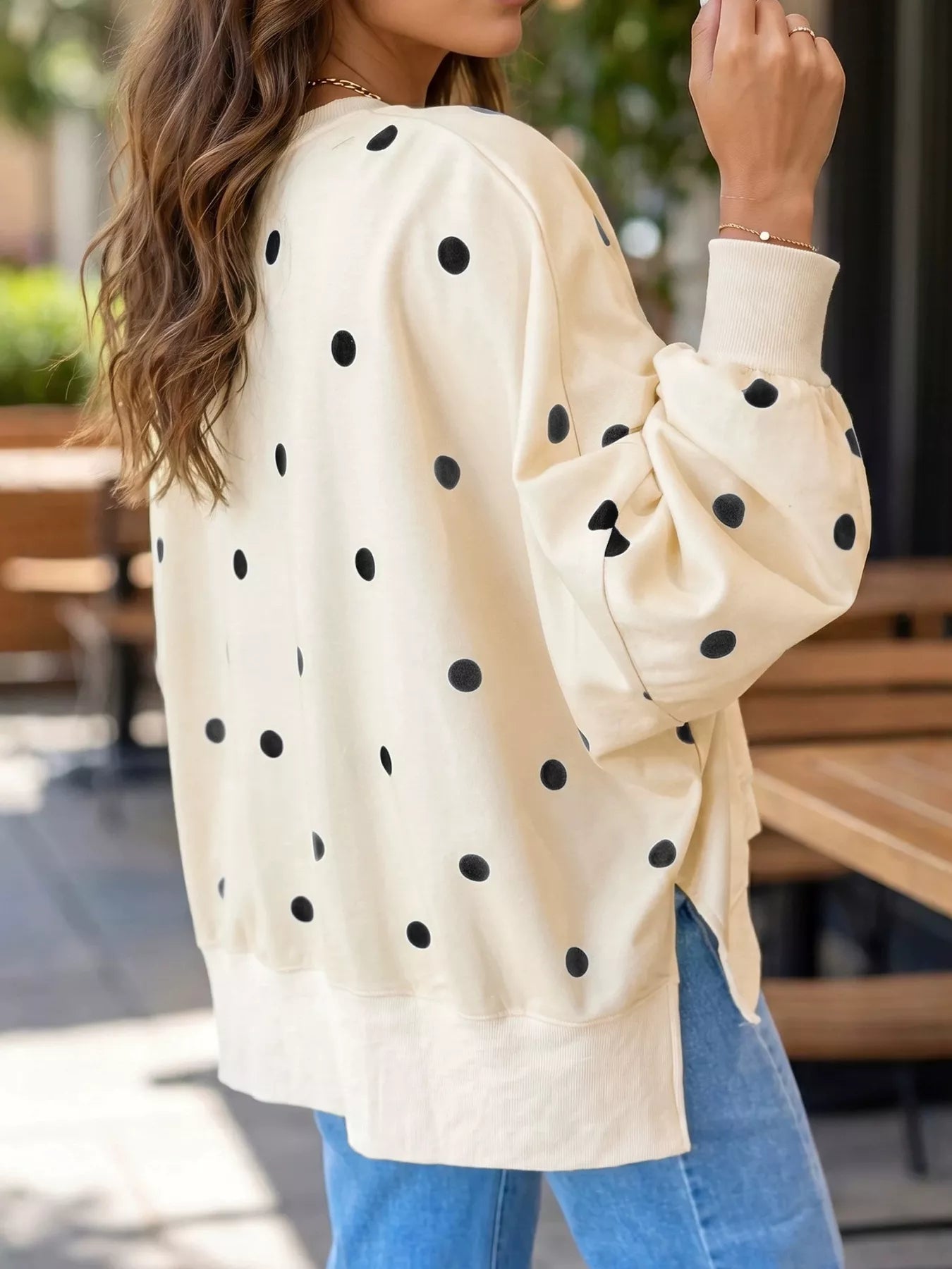 Trendsi Side Slit Polka Dot Oversized Sweatshirt -