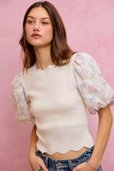 Trendsi SO ME Floral Cotton Contrast Sleeves Scallop Sweater Top -