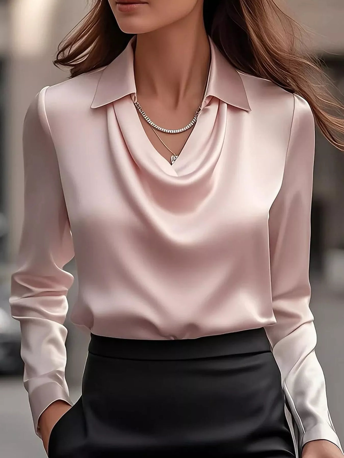 Blush pink satin cowl neck blouse