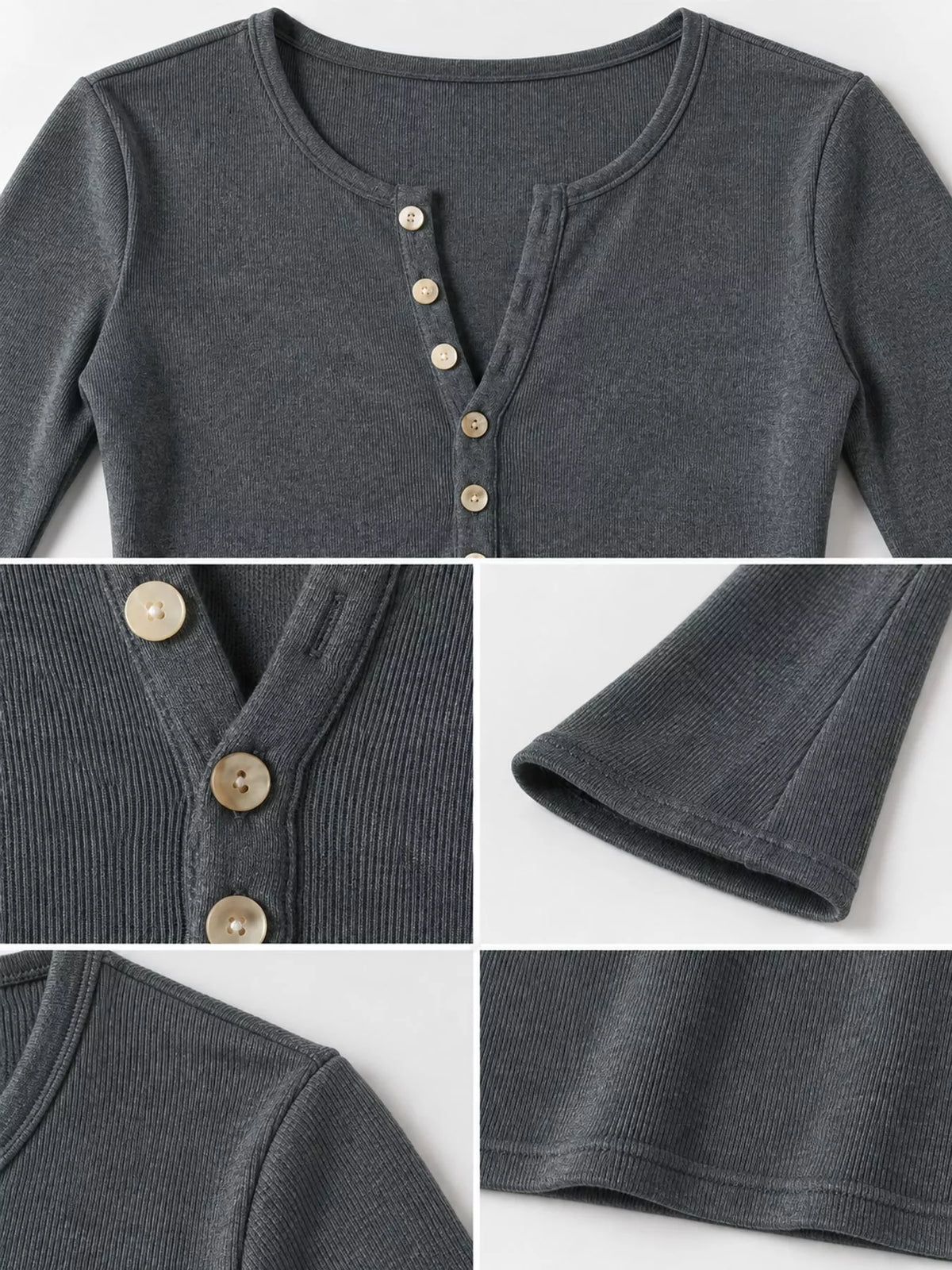 Gray button detail long sleeve t-shirt, detail view