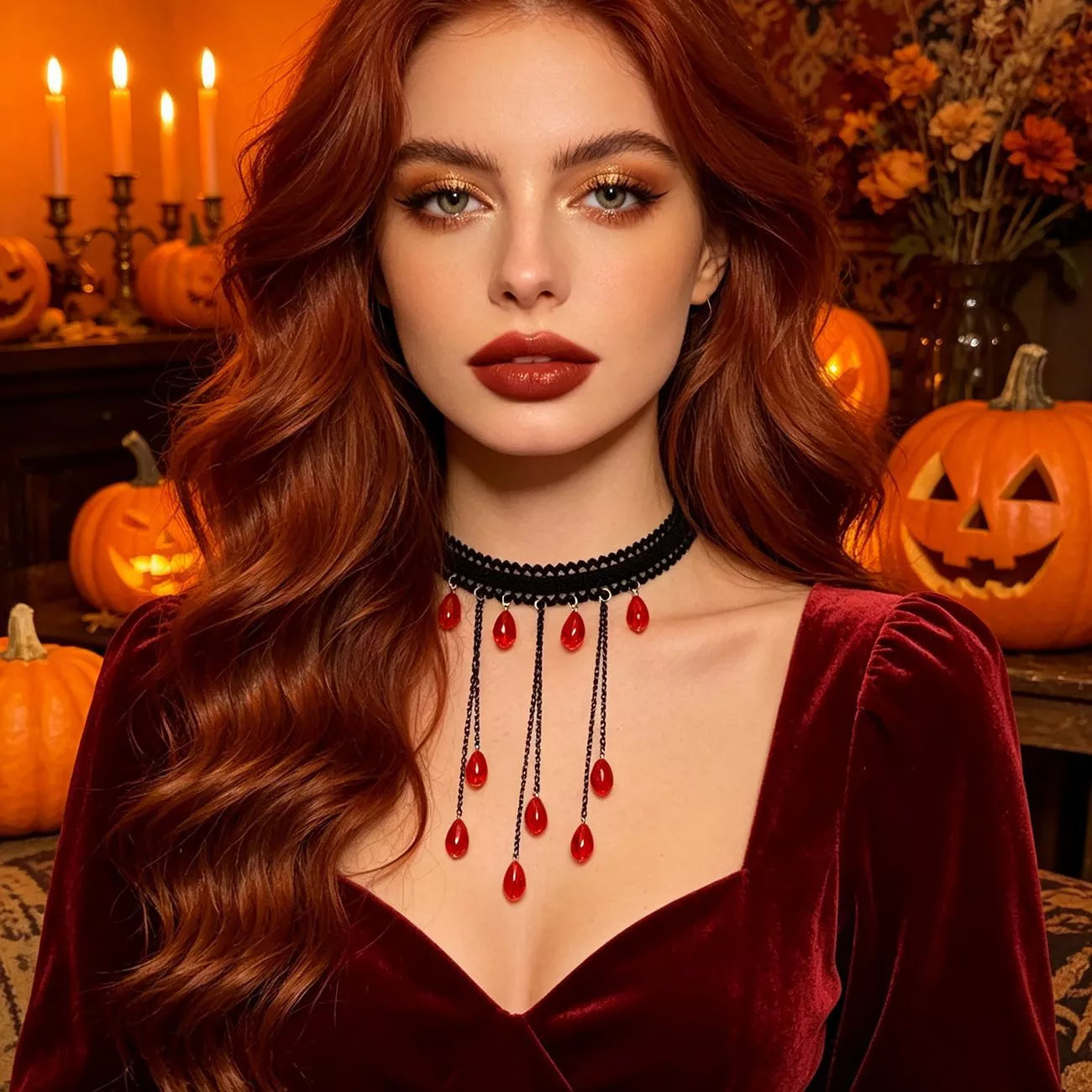 Trendsi Gothic Lace Choker Necklace with Teardrop Dangle Charms -