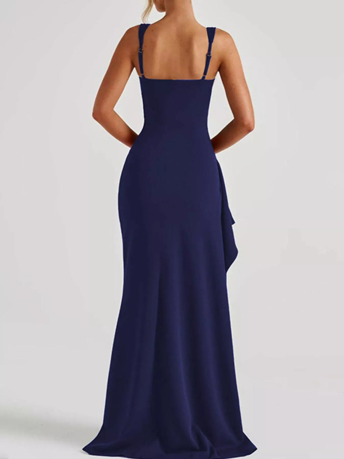 Navy slit square neck maxi dress, back view