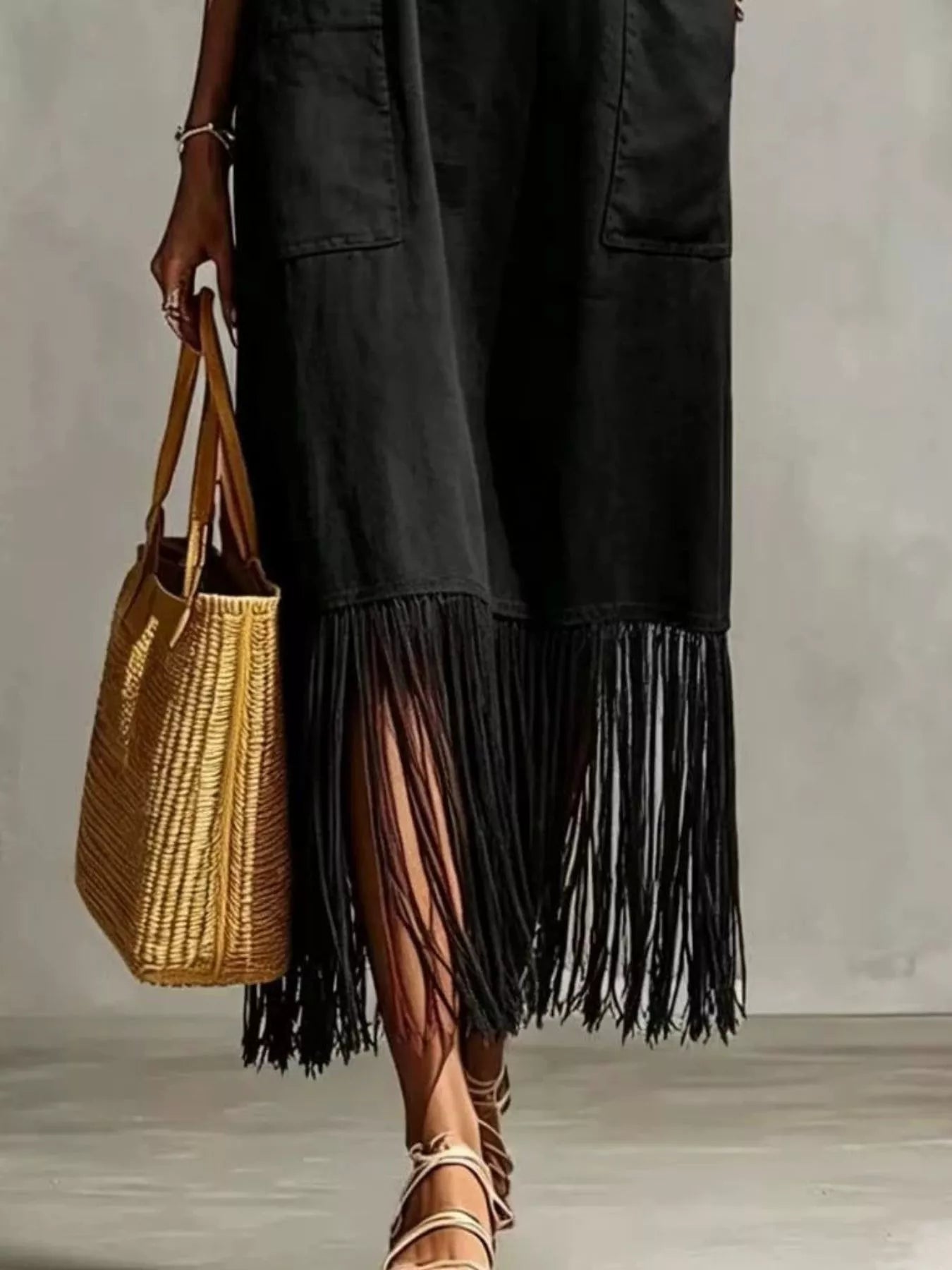 Trendsi Full Size Fringe V-Neck Spaghetti Strap Dress Plus Size -
