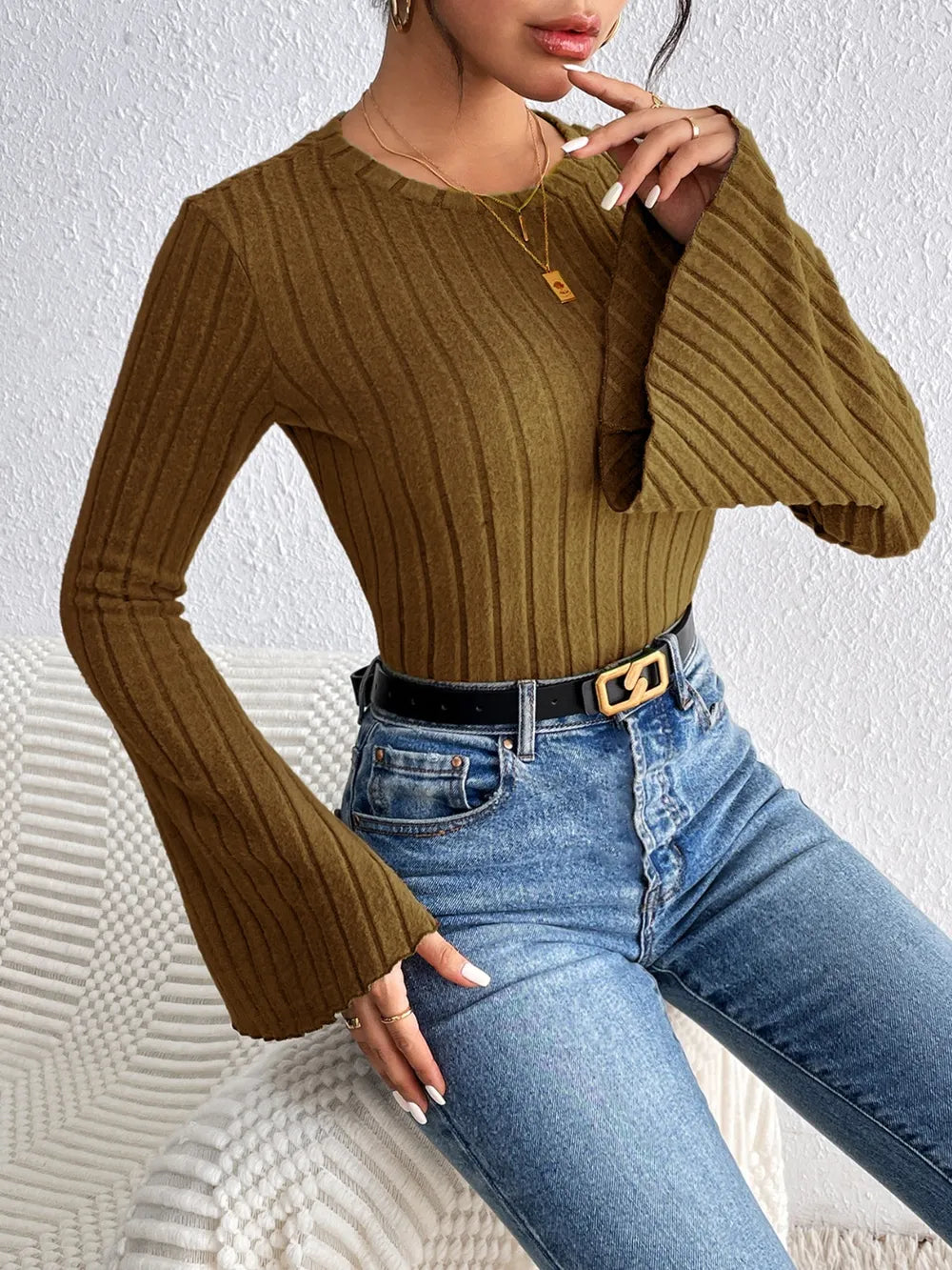 Trendsi Honey Round Neck Flare Sleeve T-Shirt -