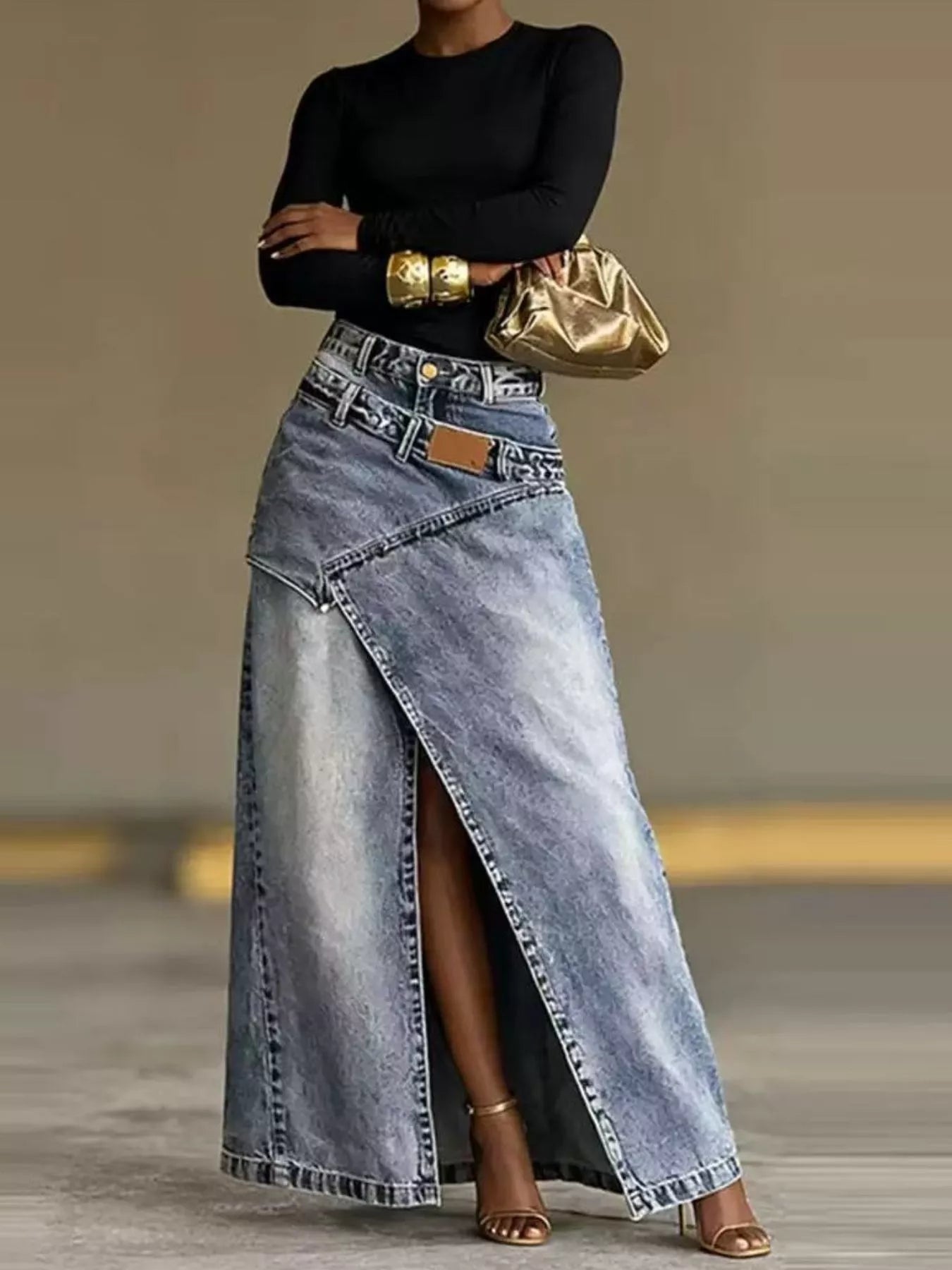 Trendsi High-Waisted Asymmetric Slit Denim Maxi Skirt -