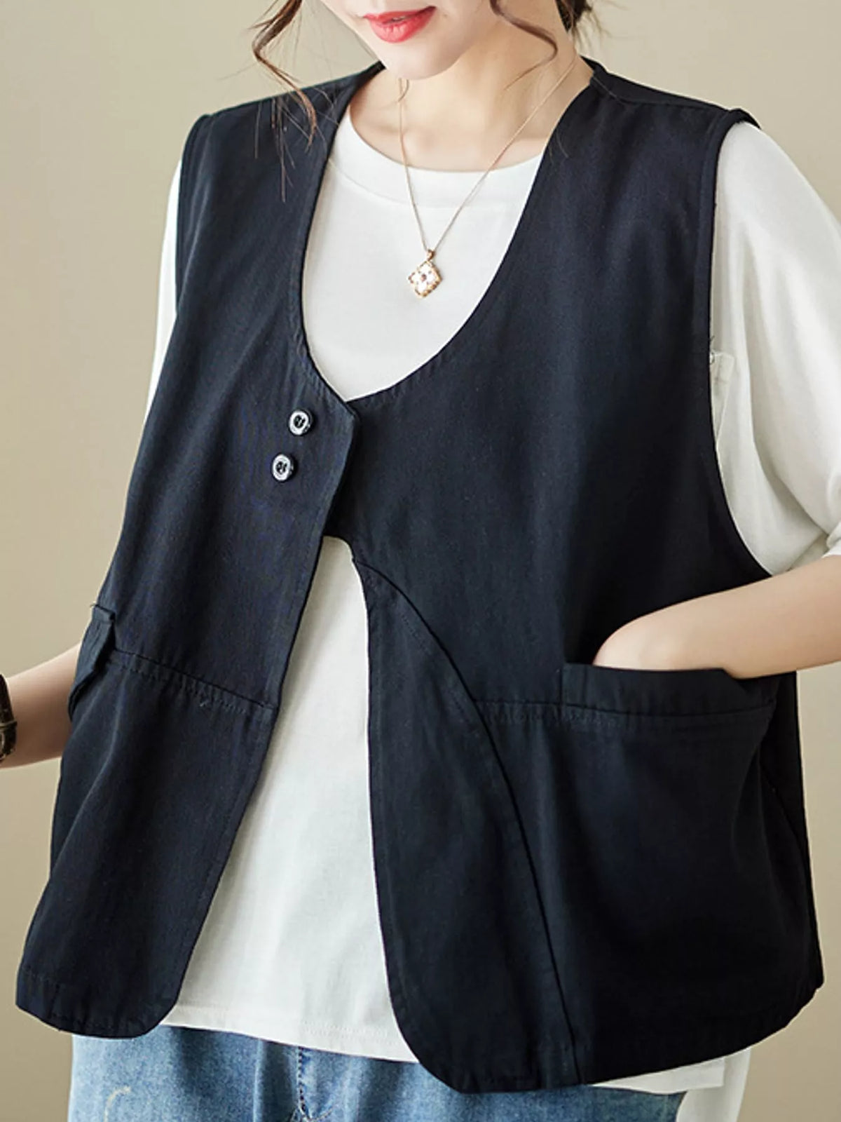 Asymmetric Button Closure Utility Vest Coat in black