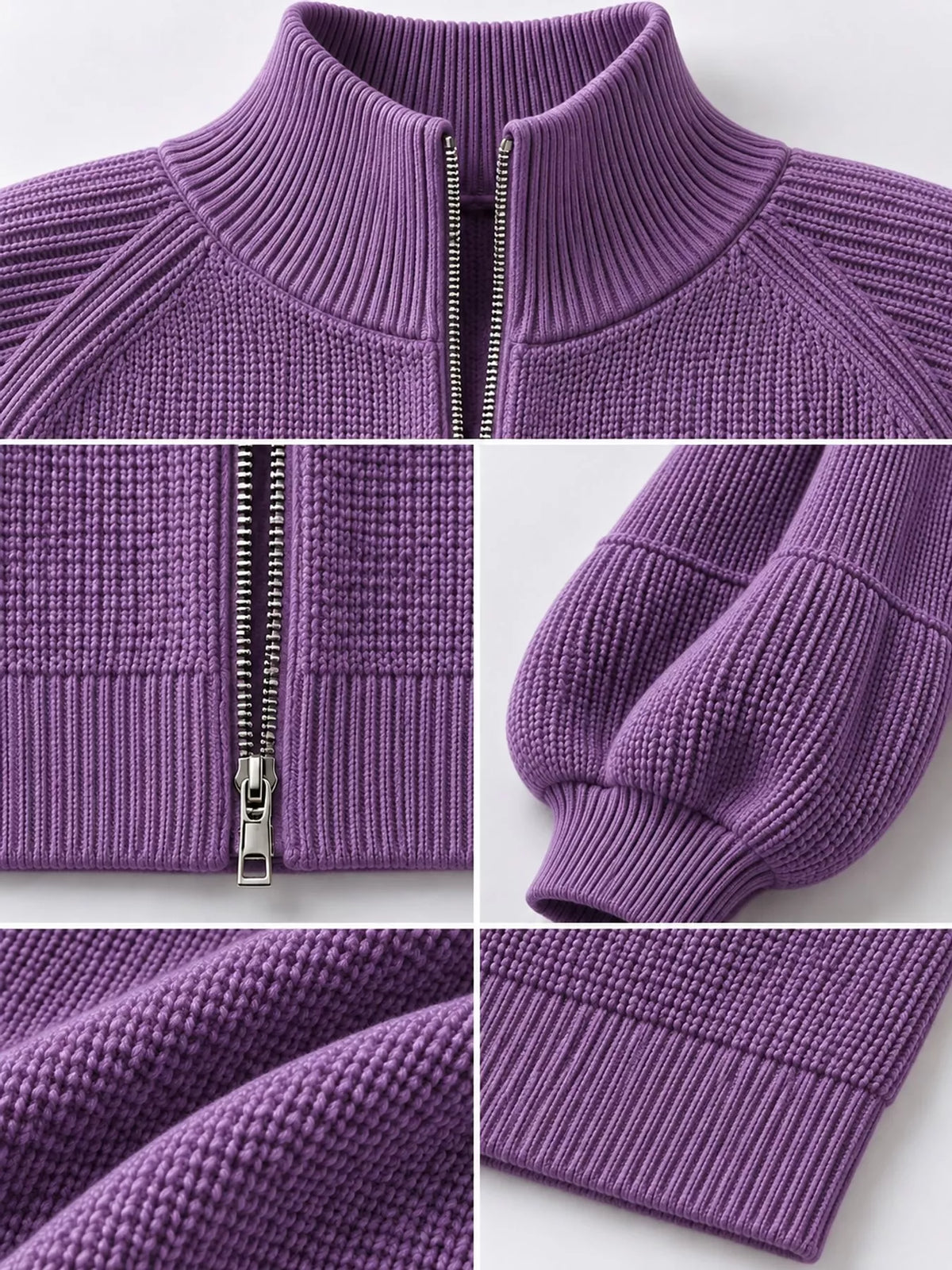 Purple ribbed knit zip-up lantern sleeve cardigan, detail view