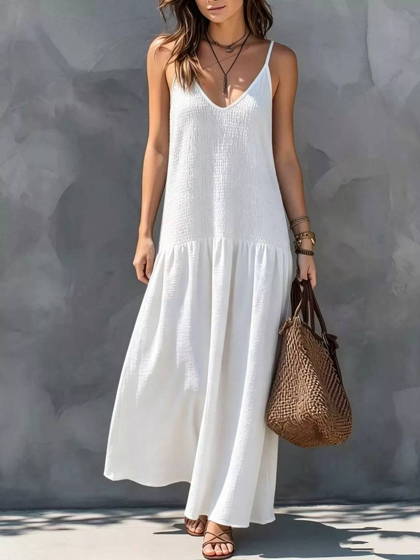 Trendsi Sleeveless Smocked V-Neck Casual Maxi Dress -