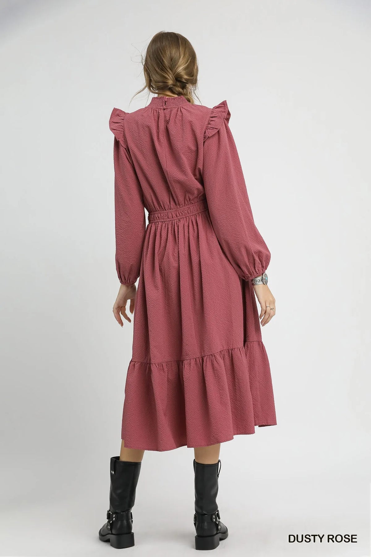 Women's Textured Midi Dress With Ruffle Shoulder Detail — product view 5
