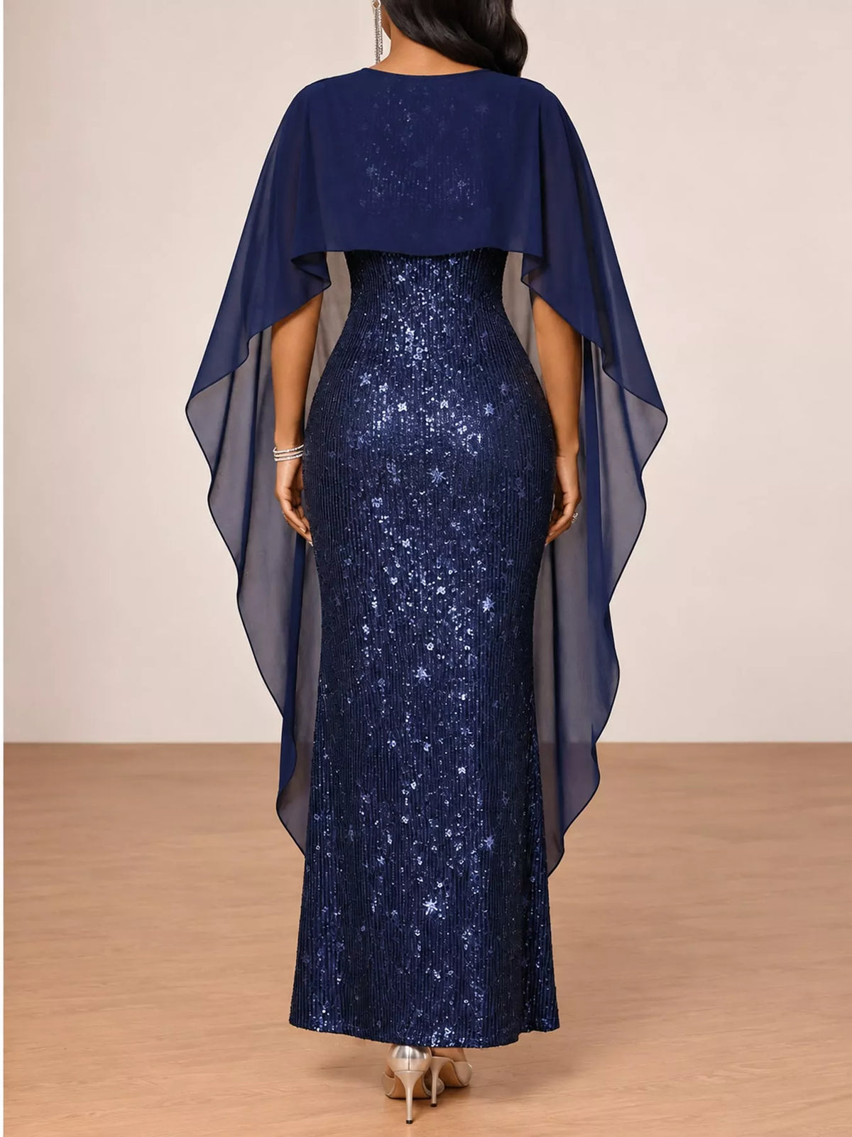 Women's Sequin Cape Overlay Evening Dress in navy — back view