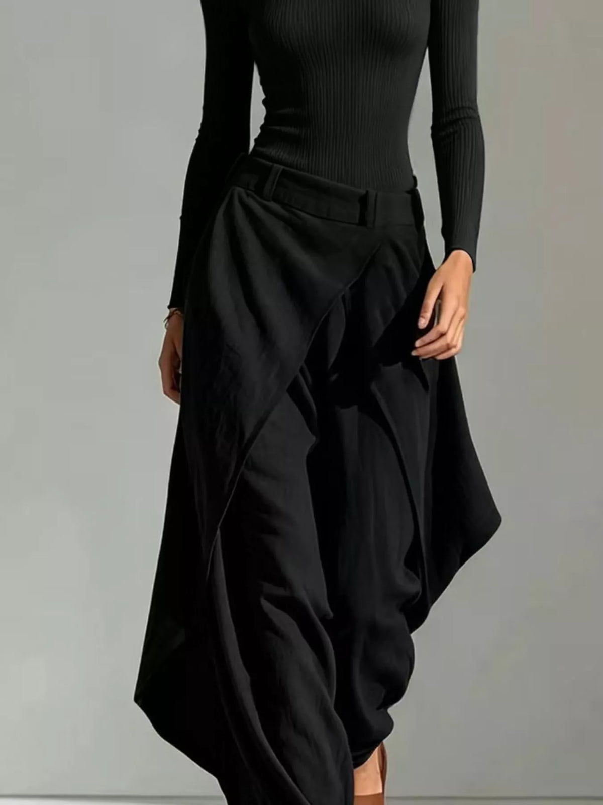 Black boat neck long sleeve top and wrap pants set — design and construction details