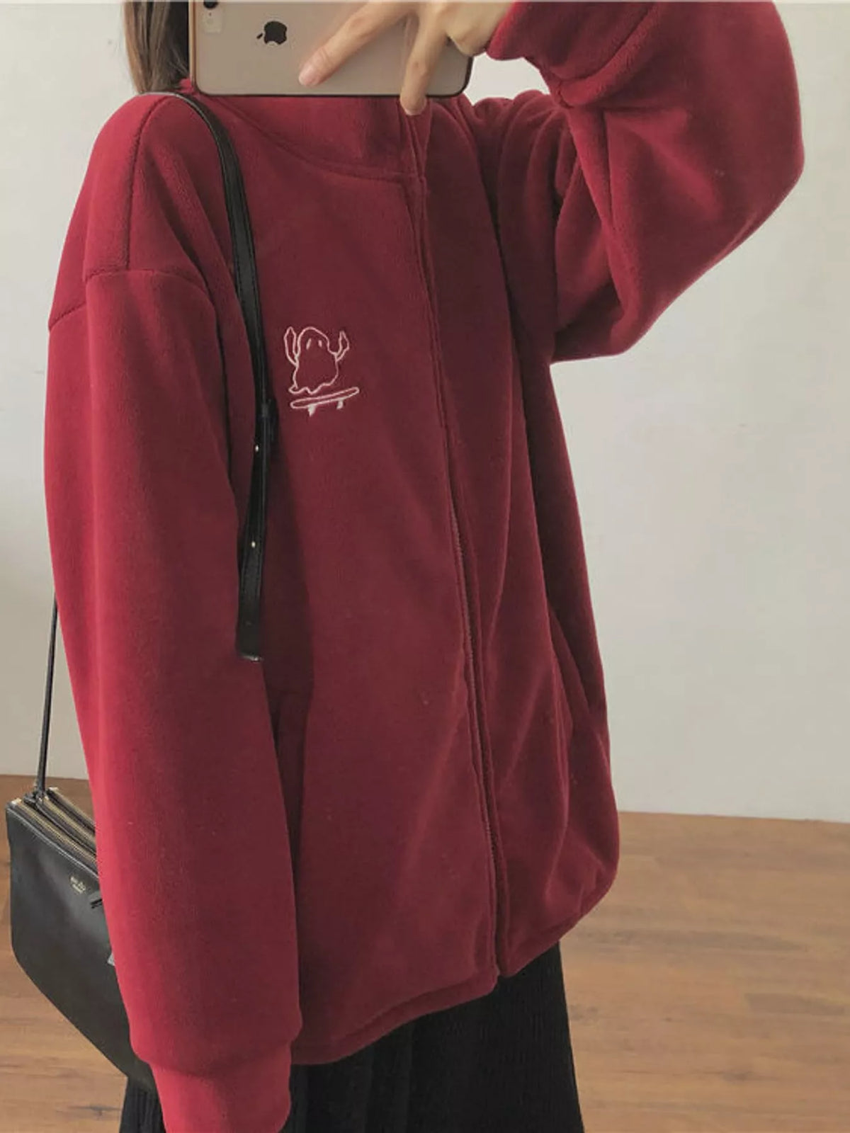 Burgundy fleece stand-collar zip-up jacket
