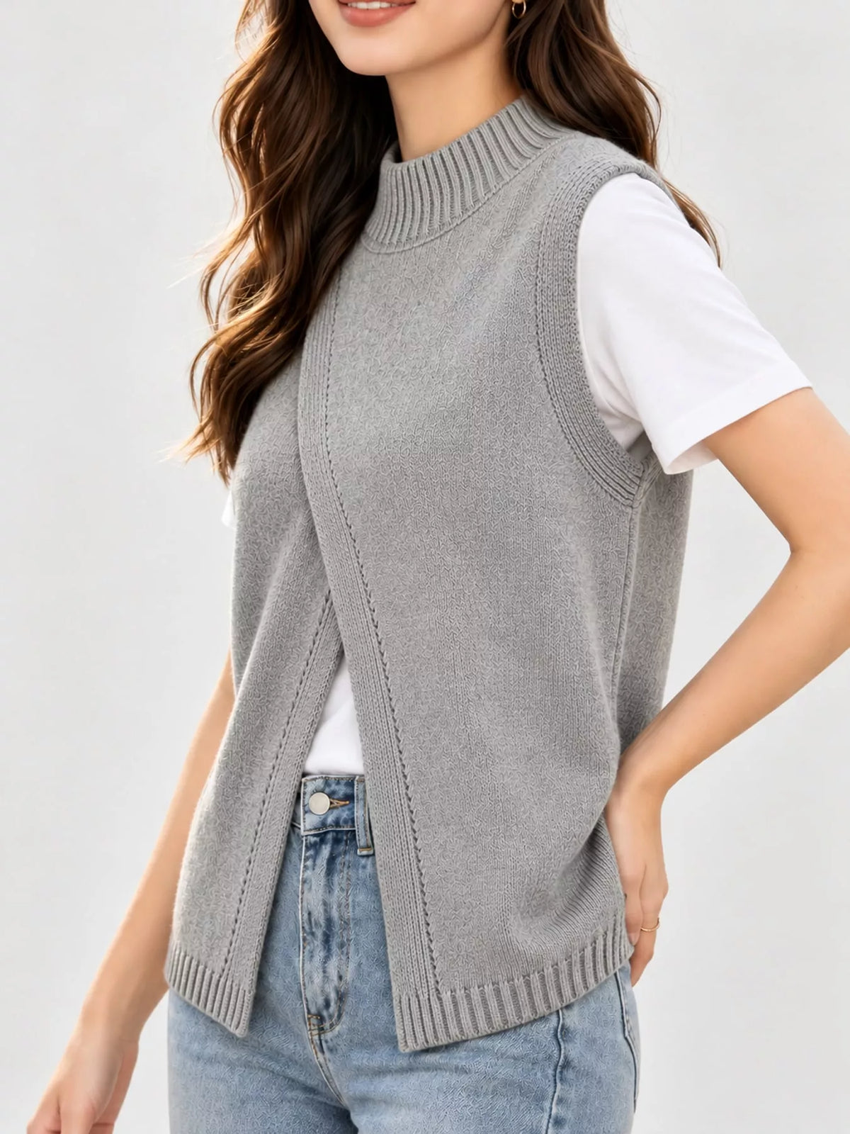 Mock Neck Asymmetrical Hem Knit Sweater Vest in gray