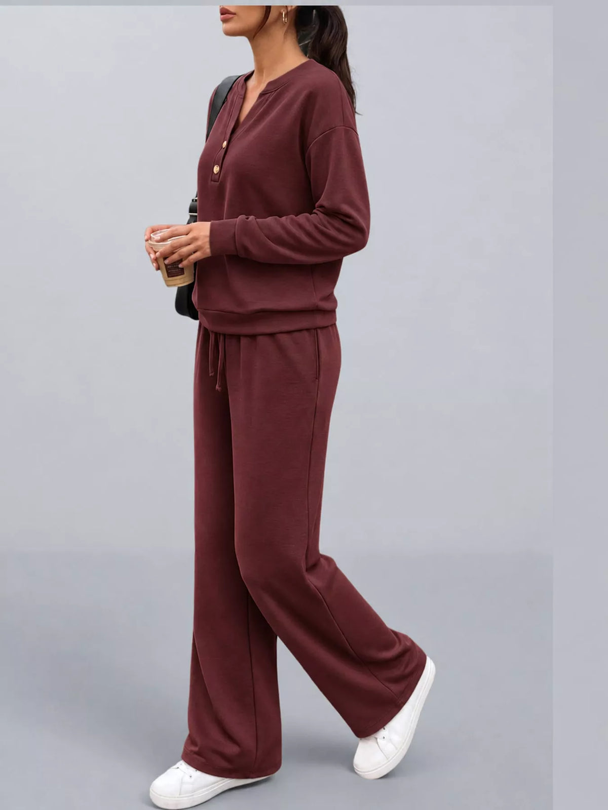 Maroon button detail top and wide-leg pants set — side view