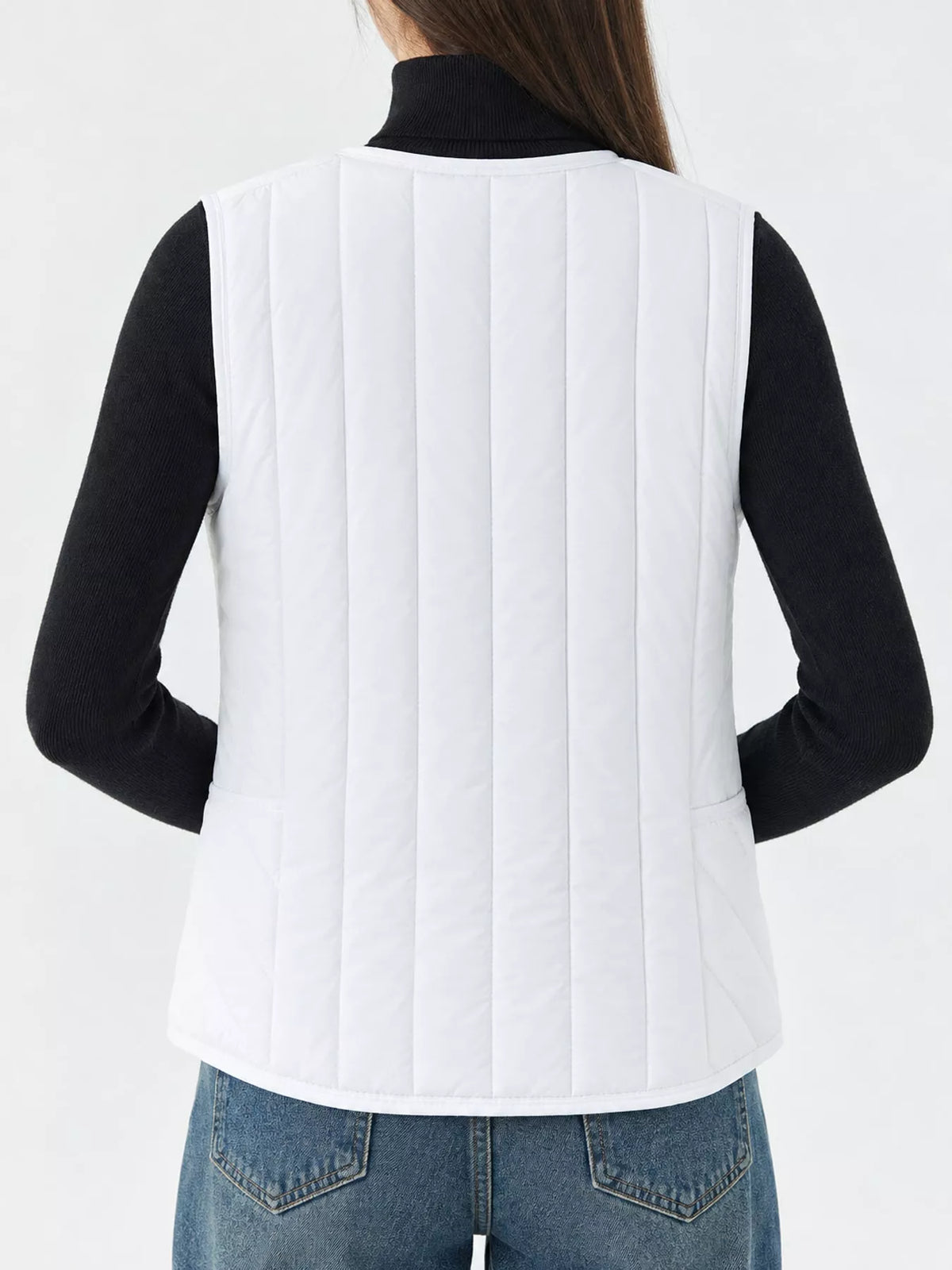Quilted Button Up Vest in white, back view