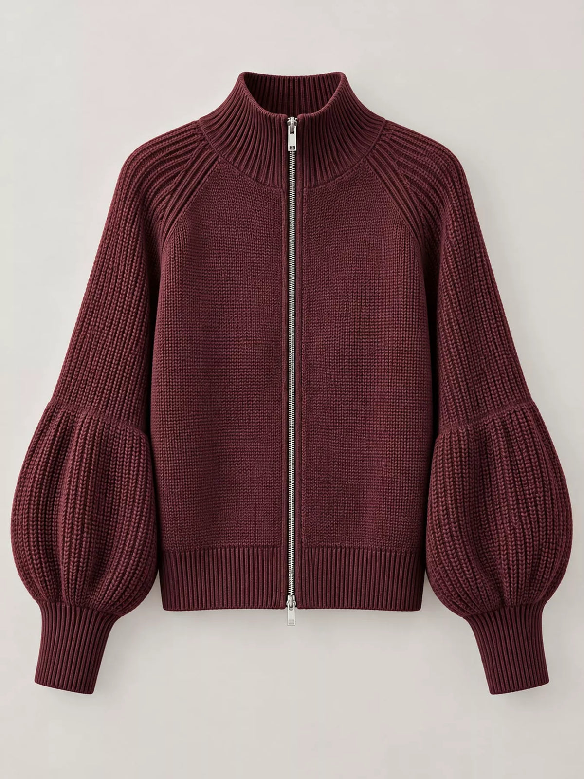 Burgundy ribbed knit zip-up cardigan with lantern sleeves