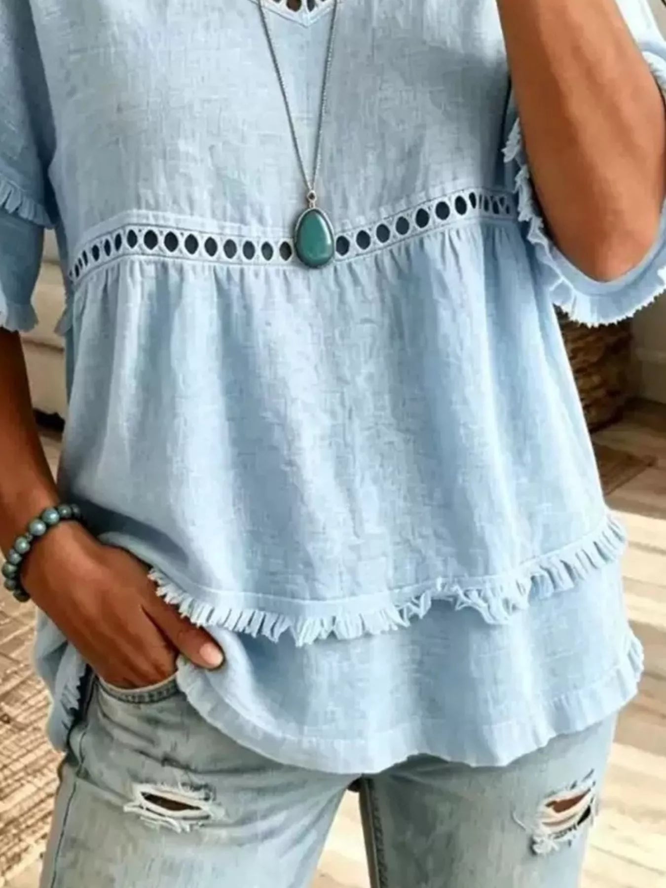 Trendsi Eyelet V-Neck Frayed Edge T-Shirt -
