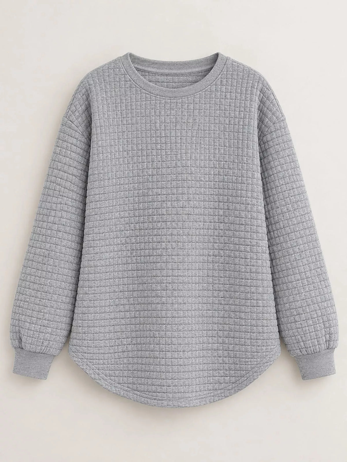 Gray waffle knit sweatshirt with curved hem