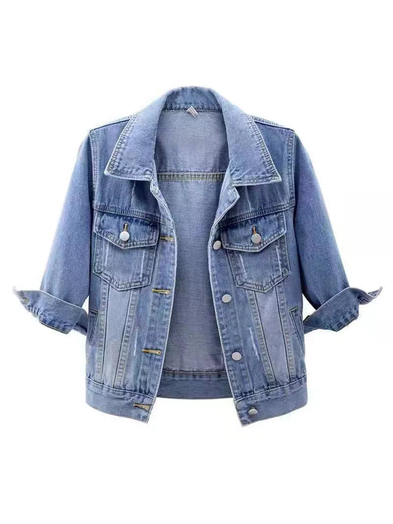 Light blue washed denim mid-sleeve jacket