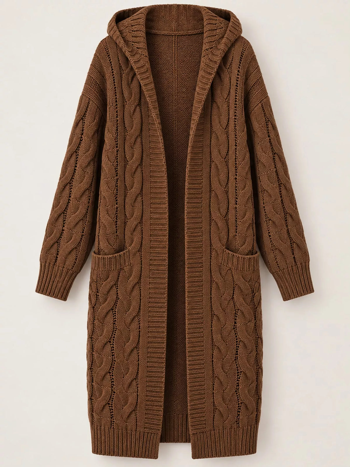 Hooded Cable Knit Longline Cardigan in brown