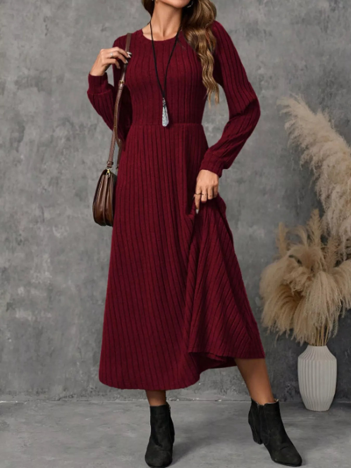 Women's Ribbed Knit Long Sleeve A-Line Midi Dress in burgundy — front view