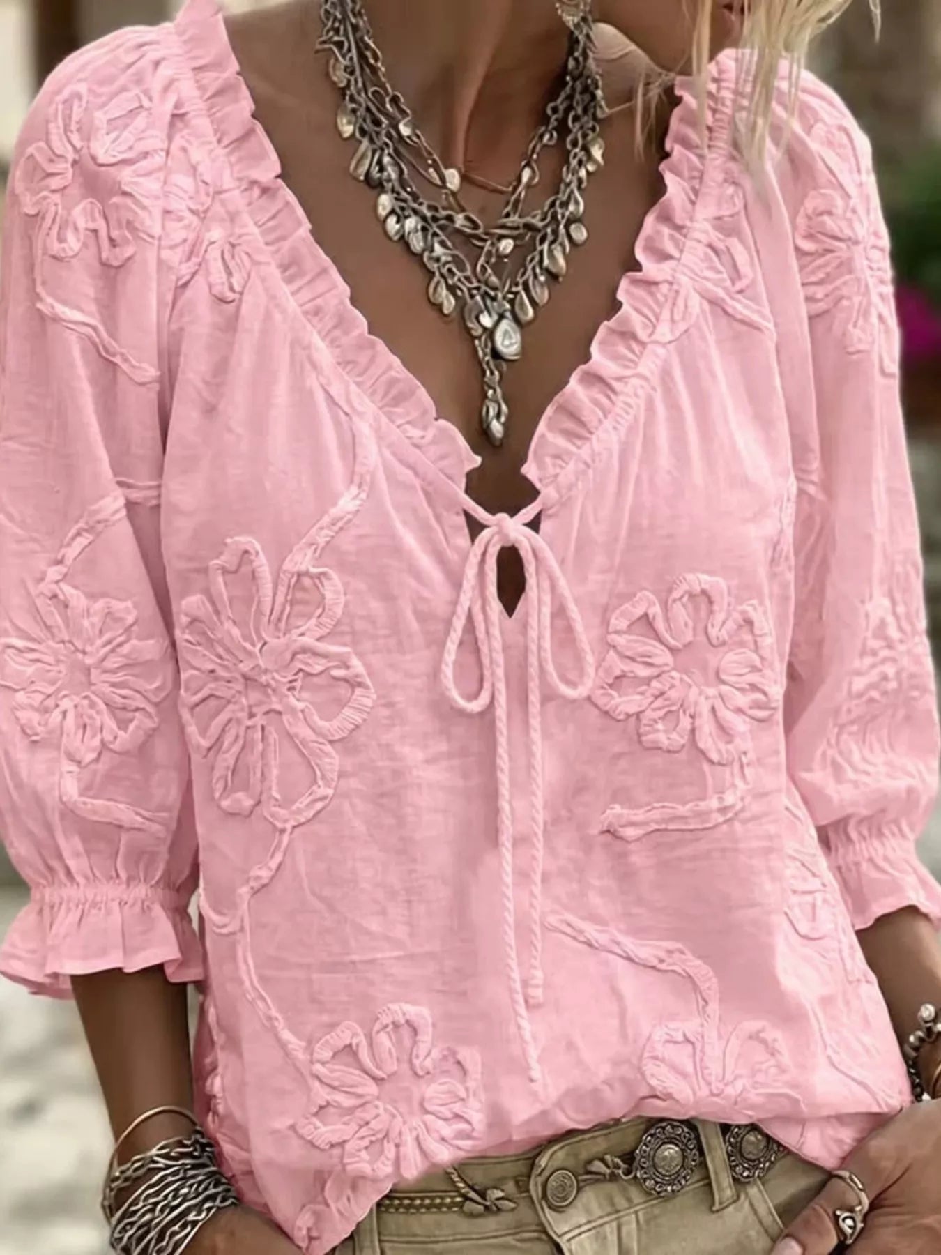 Trendsi Full Size Flower Tie Front 3/4 Sleeve Blouse Plus Size -
