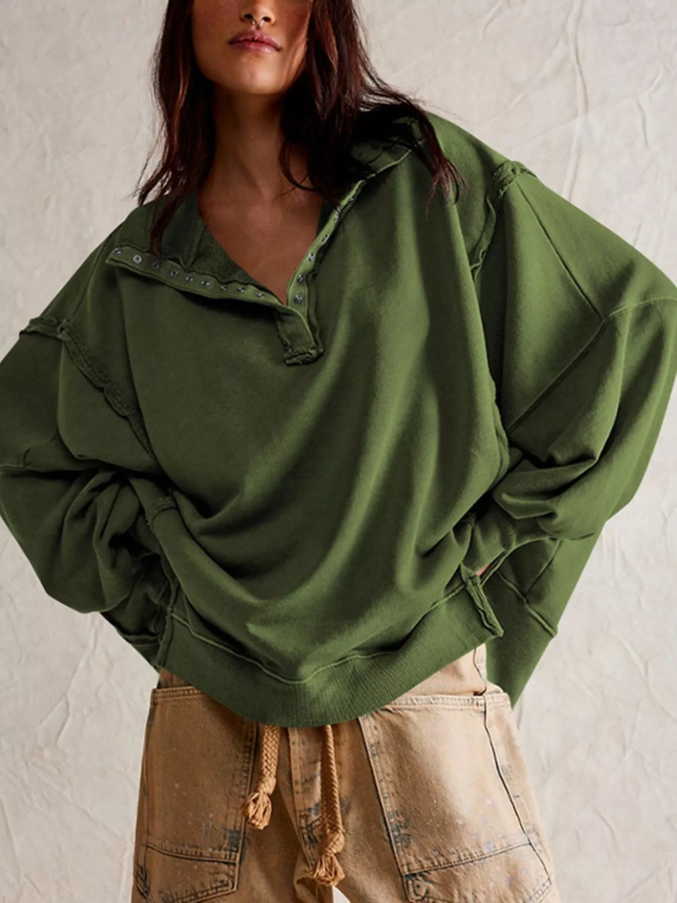 Trendsi Snap-Button Dropped Shoulder Sweatshirt -
