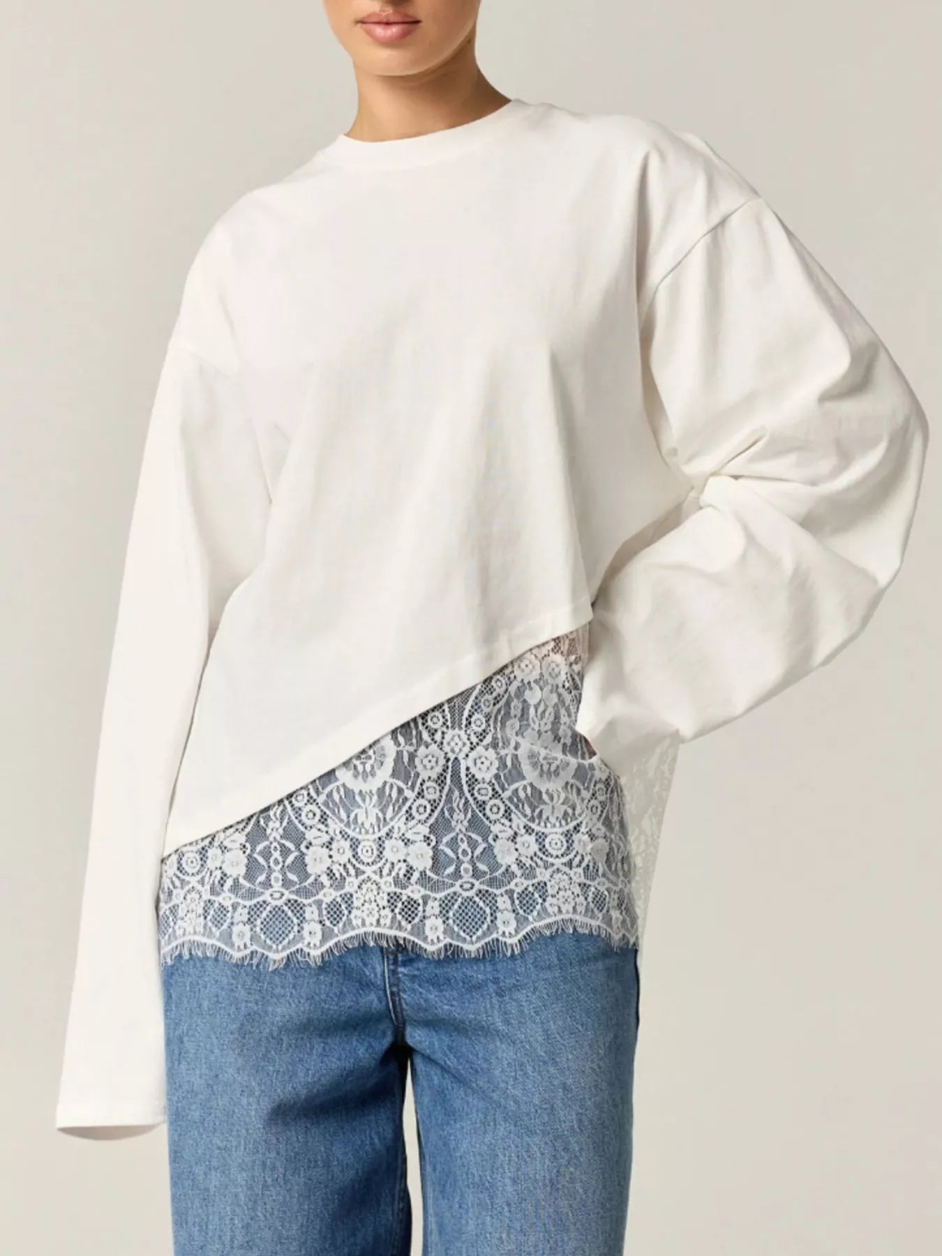 Trendsi Long-Sleeve T-Shirt with Asymmetric Lace Hem -