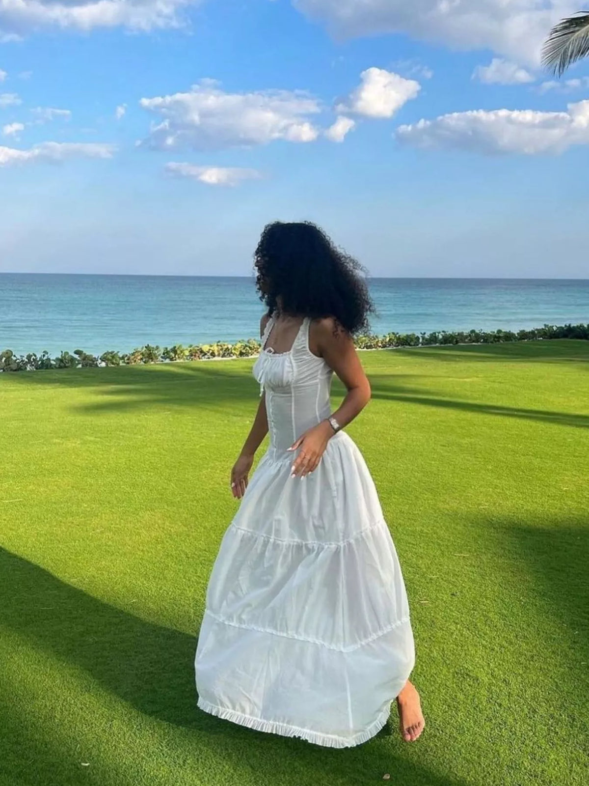 Women's Ruffled Square Neck Tiered Maxi Dress in white — front view