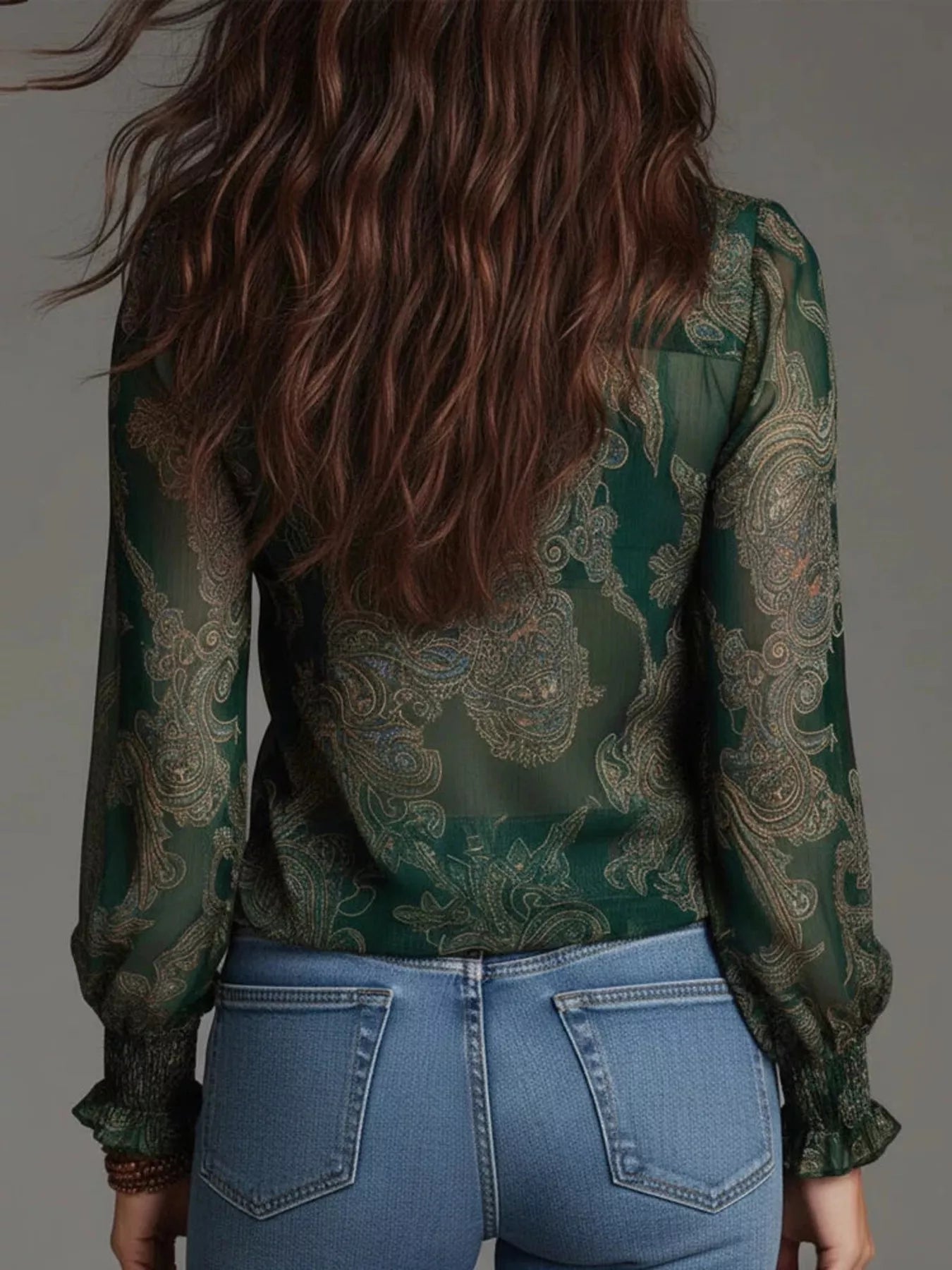 Trendsi Full Size Paisley Print Ruffle Trim Zip-Front Blouse Plus Size -