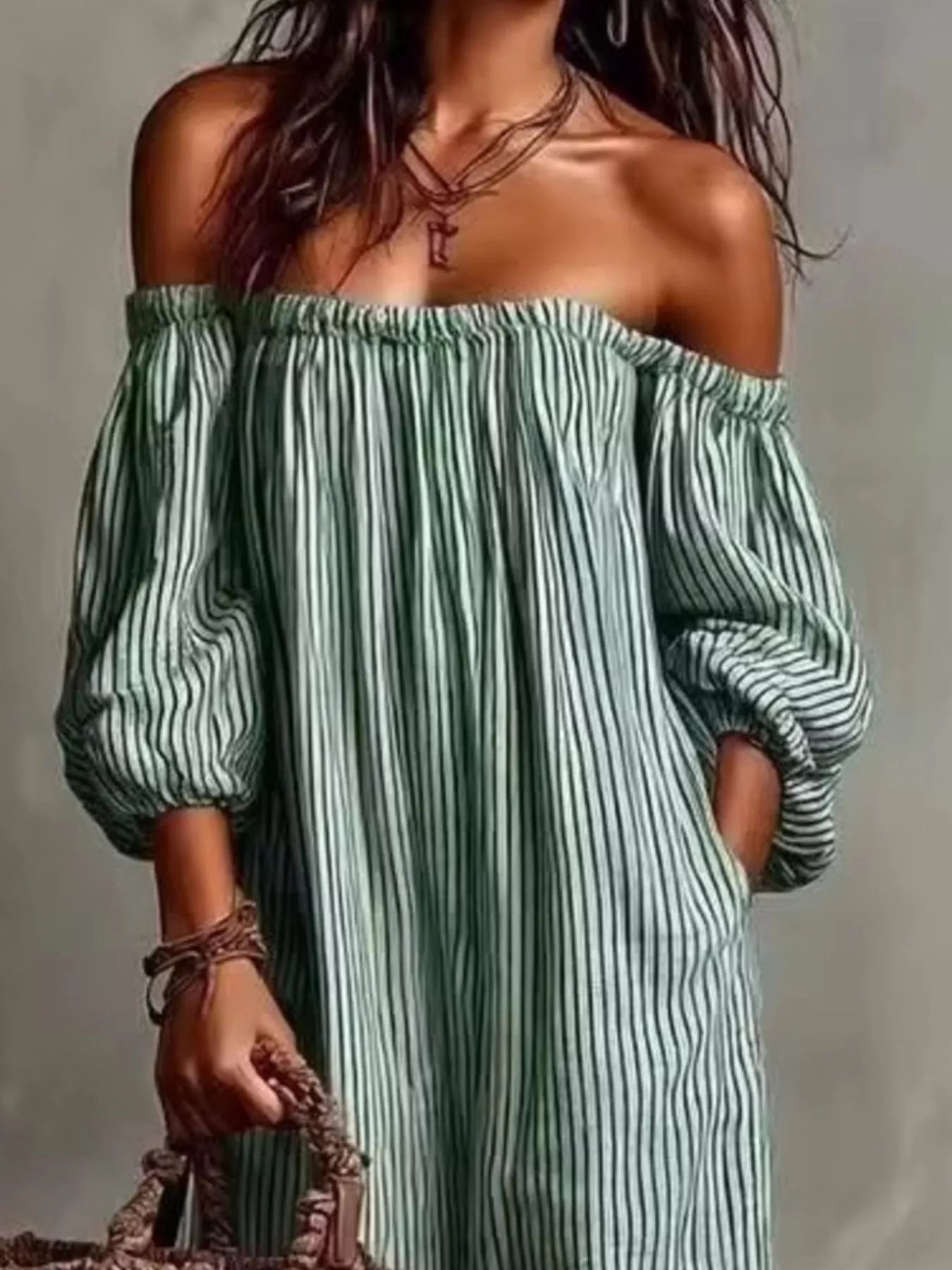 Trendsi Full Size Off-Shoulder Striped Maxi Dress with Puff Sleeves Plus Size -