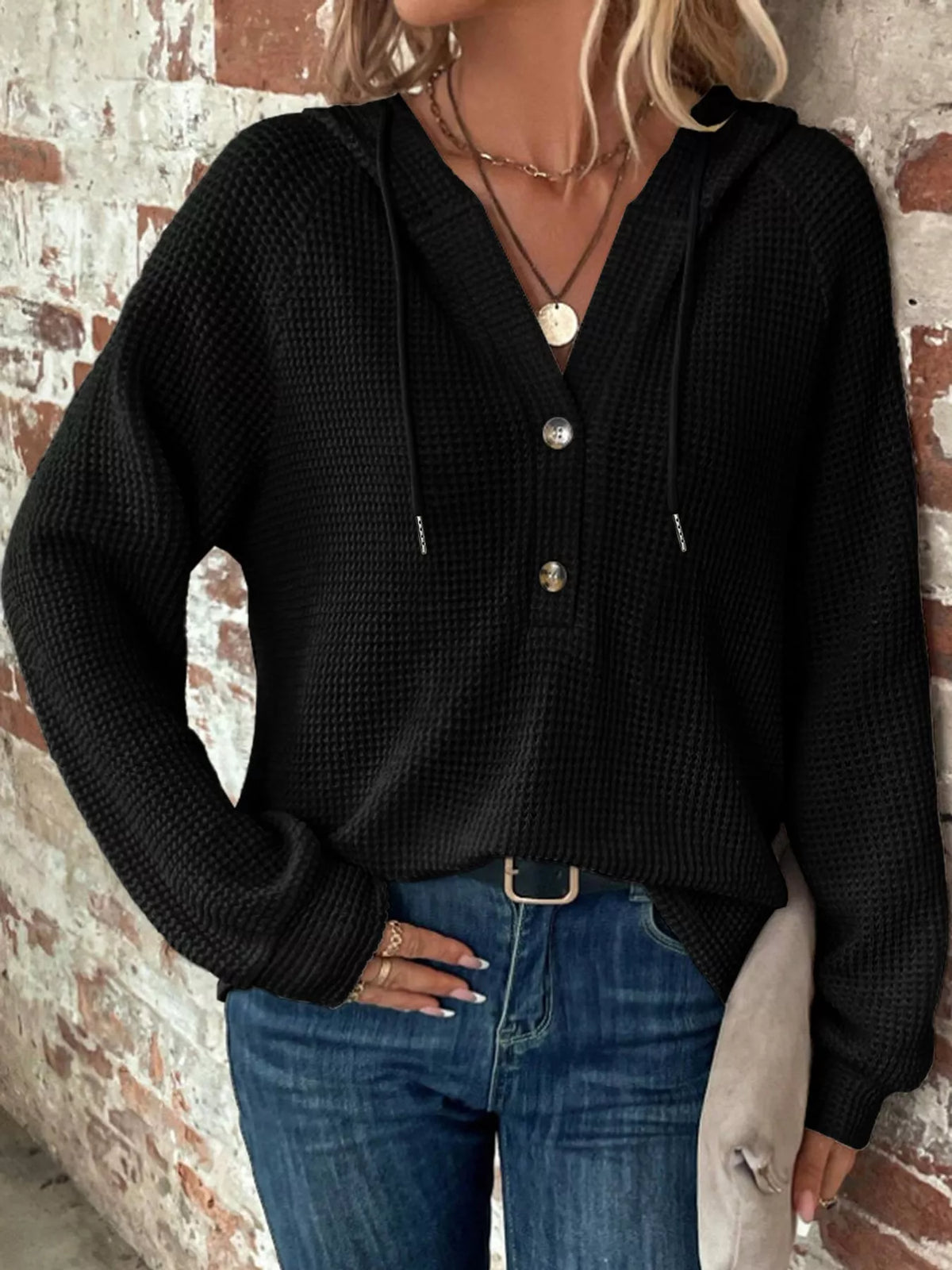 Black waffle knit button-detail hoodie