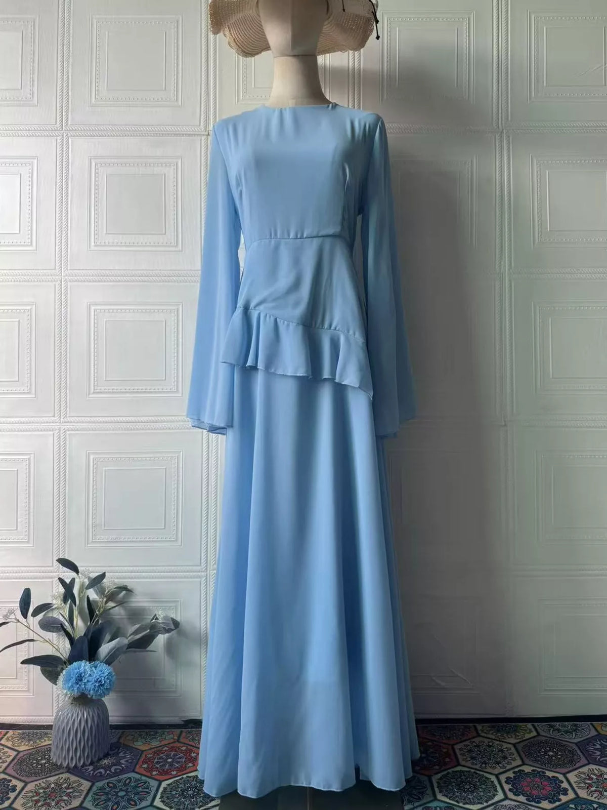Light blue ruffled flare sleeve maxi dress, front view