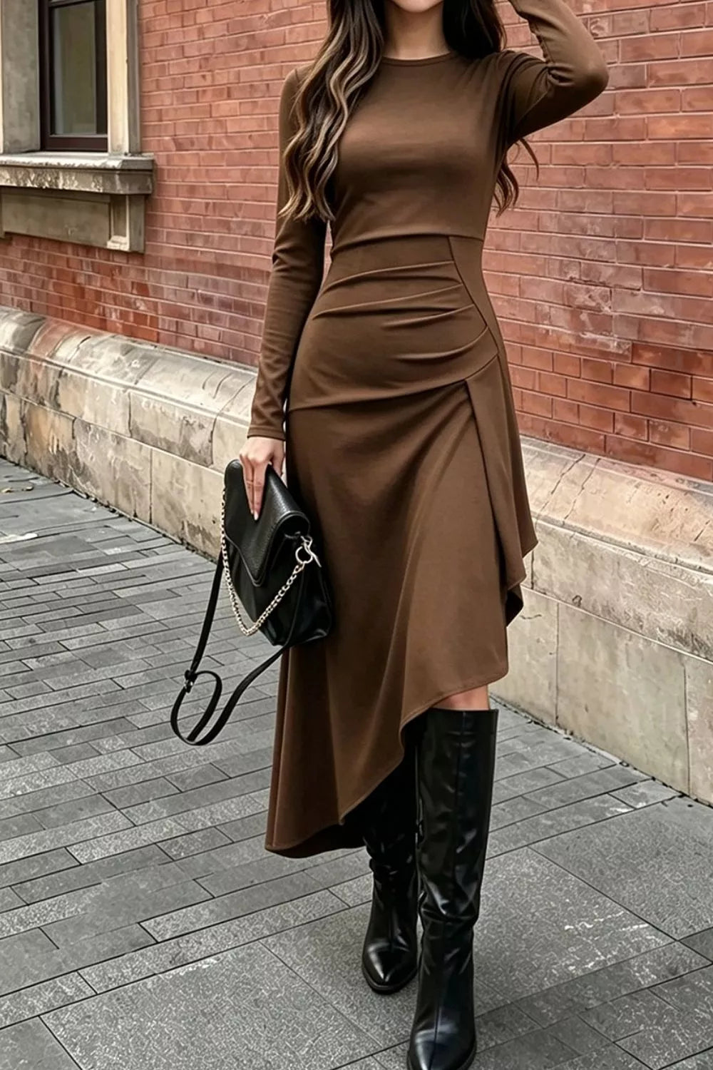 Trendsi Ruched Asymmetrical Hem Long Sleeve Dress -